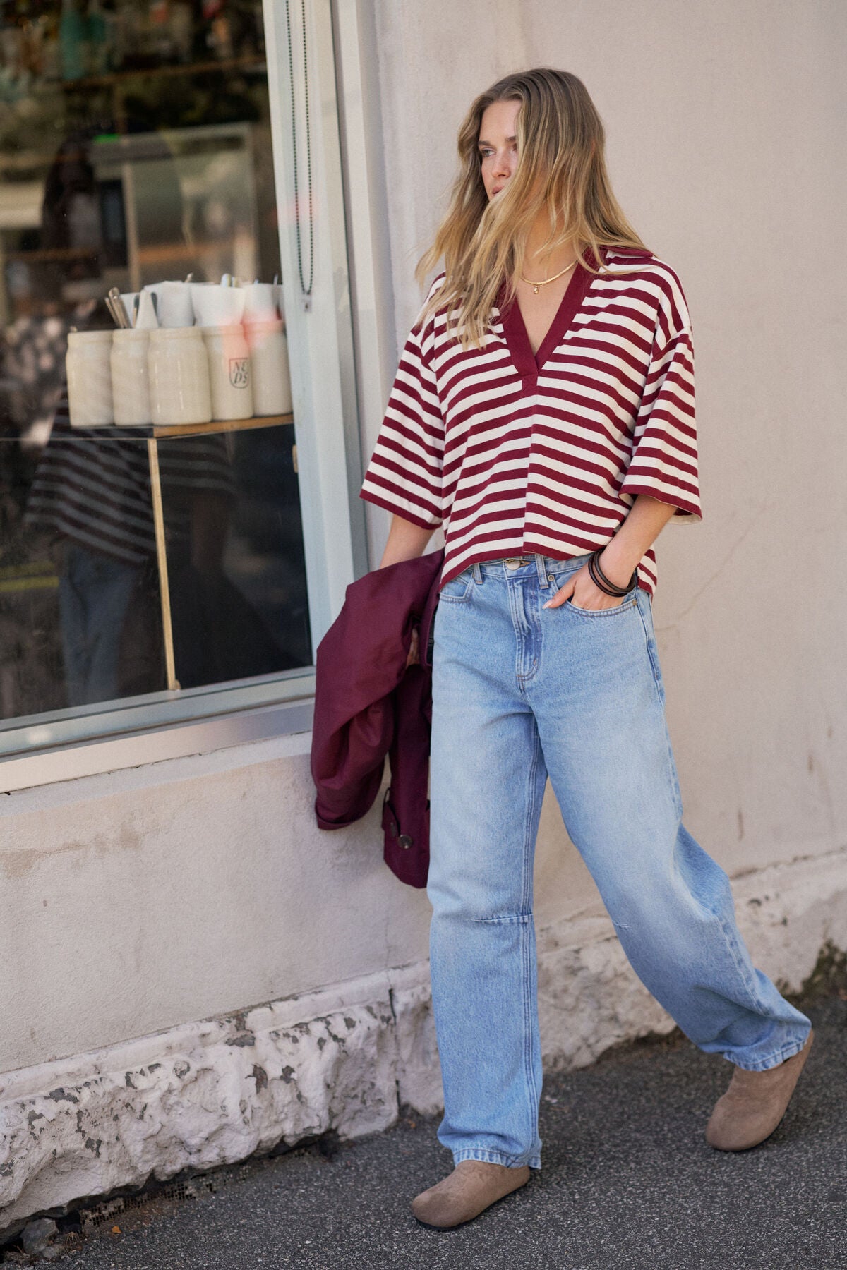 CERES LIFE ARLIE SHORT SLEEVE RUGBY - BURGUNDY/MILK STRIPE