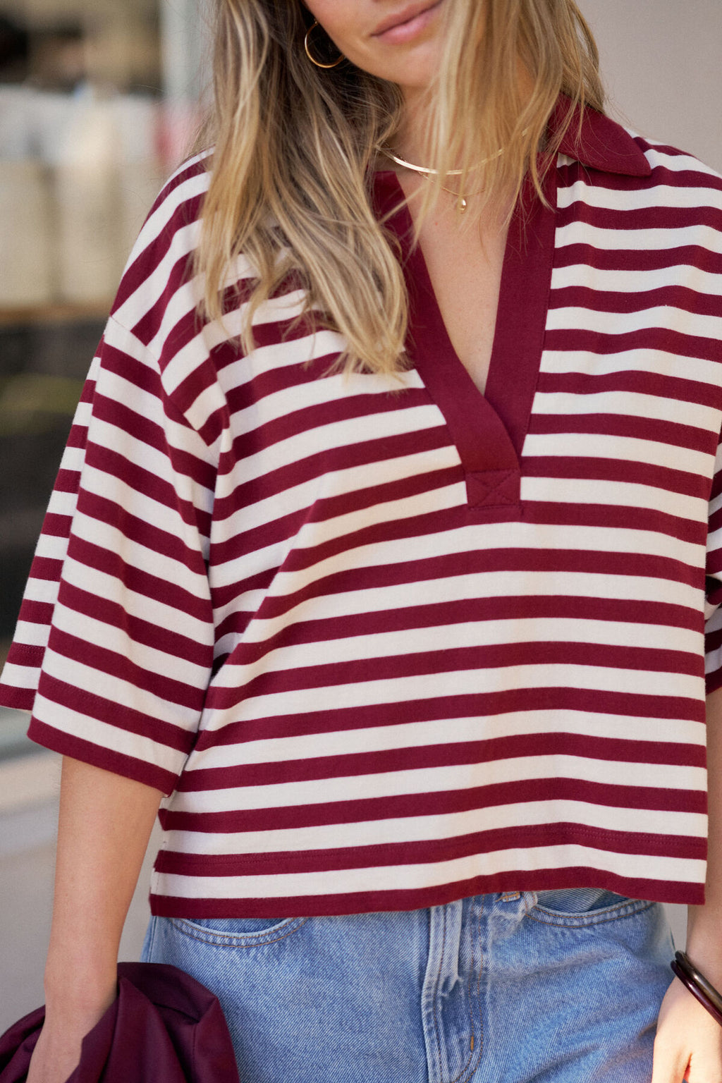 CERES LIFE ARLIE SHORT SLEEVE RUGBY - BURGUNDY/MILK STRIPE