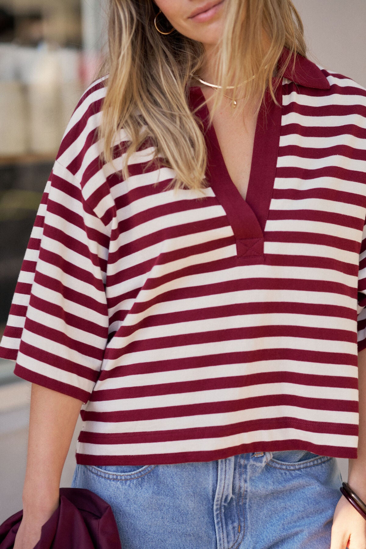 CERES LIFE ARLIE SHORT SLEEVE RUGBY - BURGUNDY/MILK STRIPE