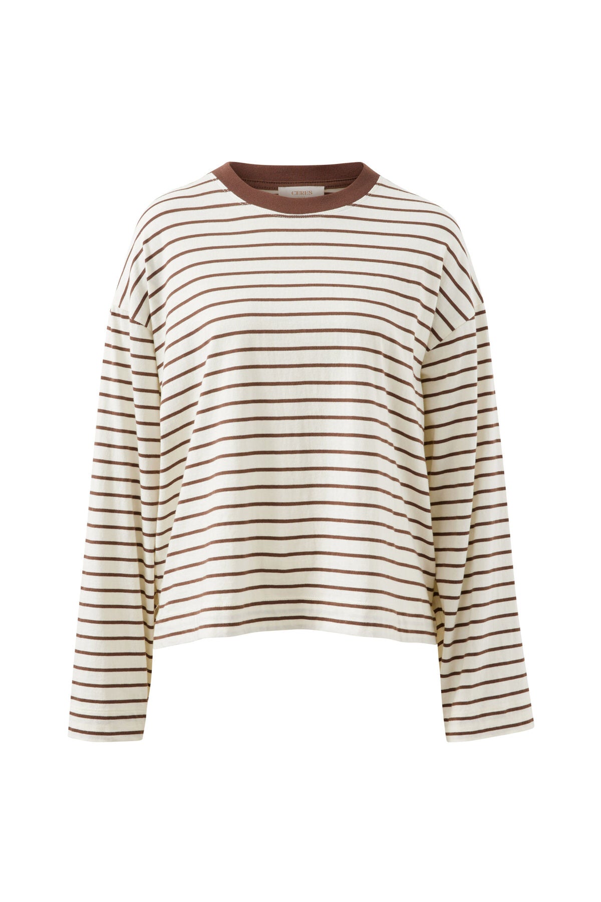 CERES LIFE BEAU LONG SLEEVE SLOUCHY TEE - MILK/BRUNETTE BROWN STRIPE