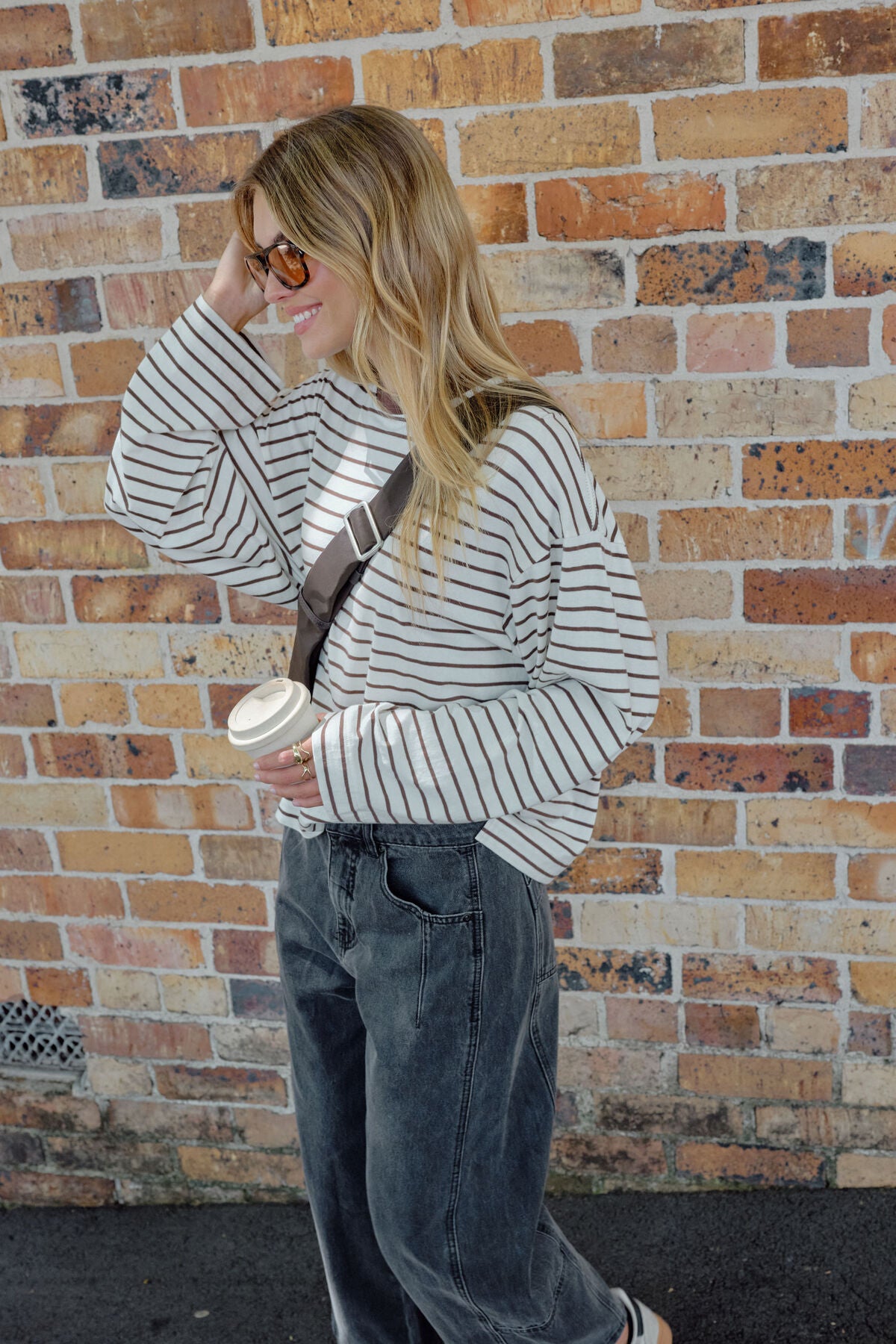 CERES LIFE BEAU LONG SLEEVE SLOUCHY TEE - MILK/BRUNETTE BROWN STRIPE