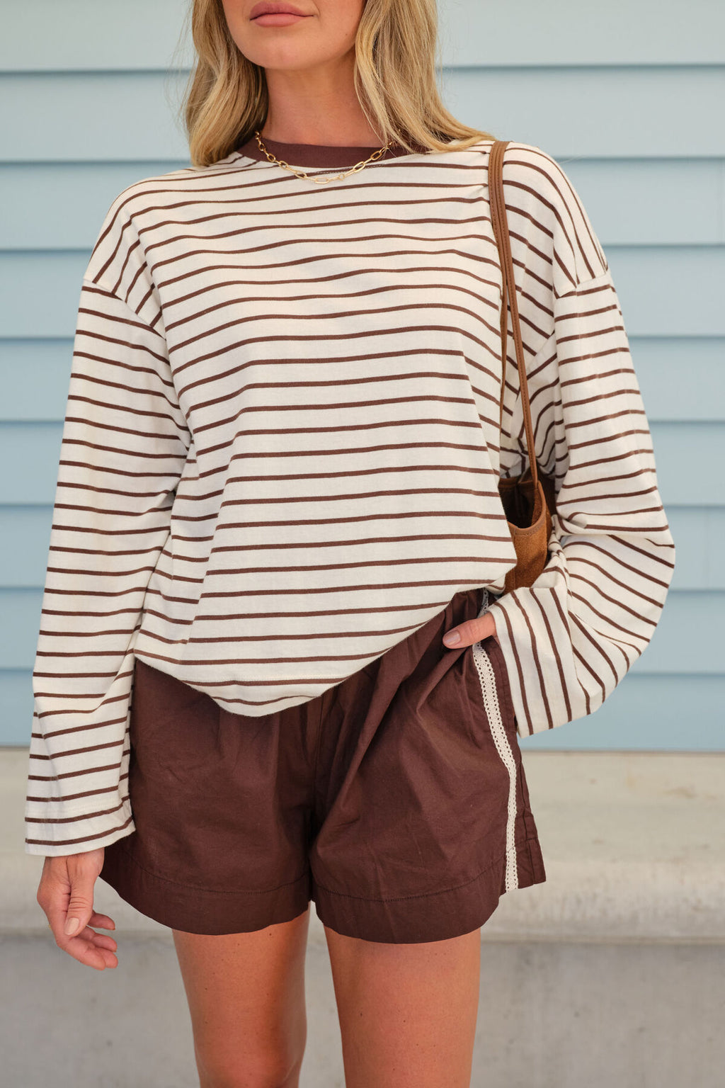 CERES LIFE BEAU LONG SLEEVE SLOUCHY TEE - MILK/BRUNETTE BROWN STRIPE
