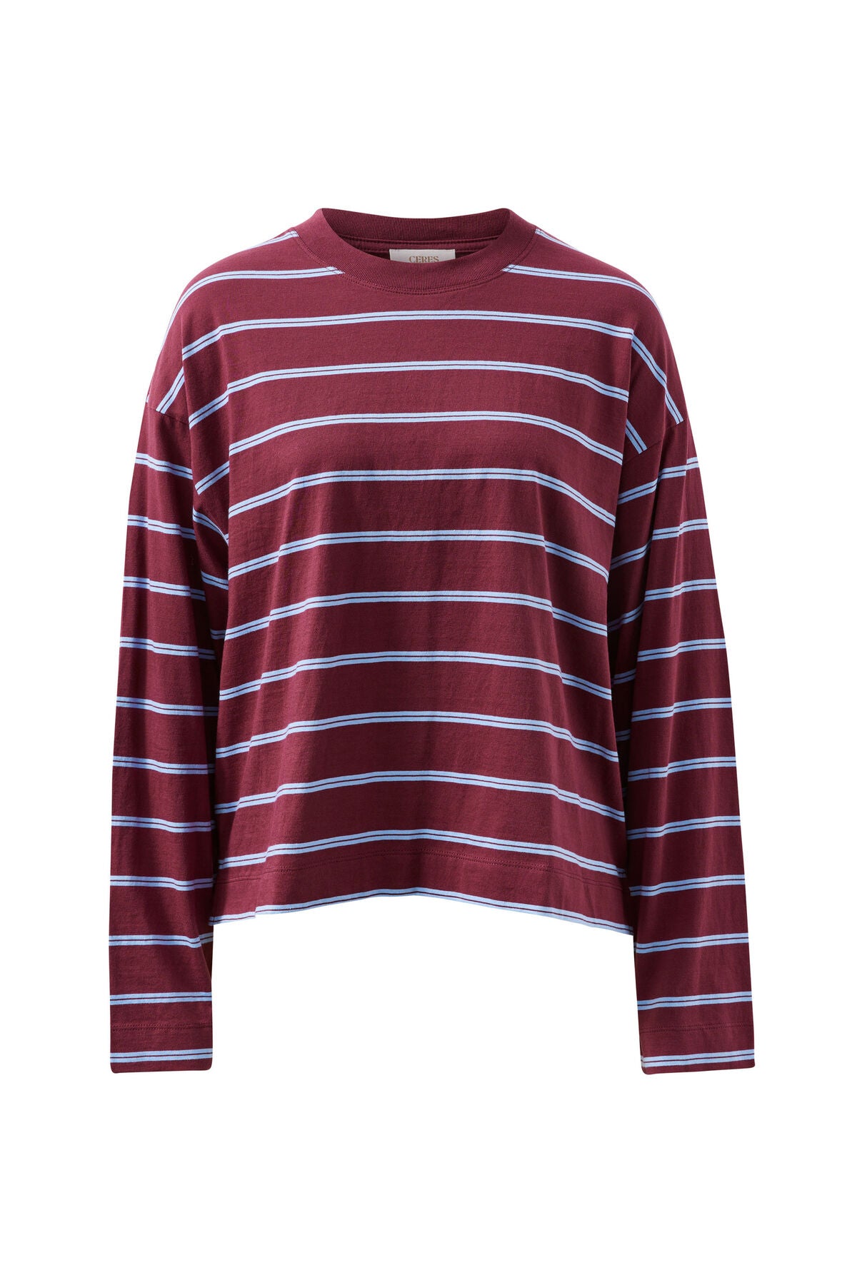 CERES LIFE BEAU LONG SLEEVE SLOUCHY TEE - BURGUNDY/SKY BLUE