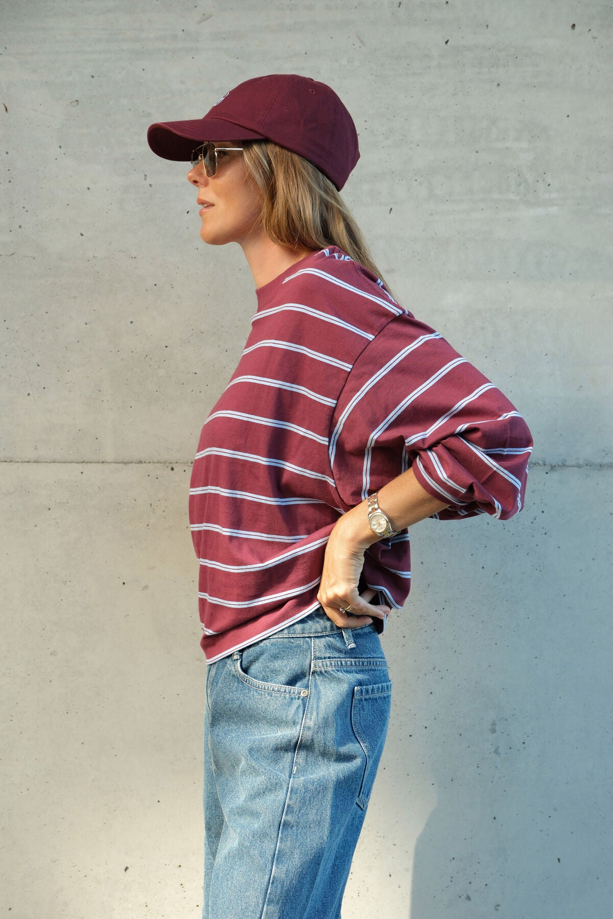 CERES LIFE BEAU LONG SLEEVE SLOUCHY TEE - BURGUNDY/SKY BLUE