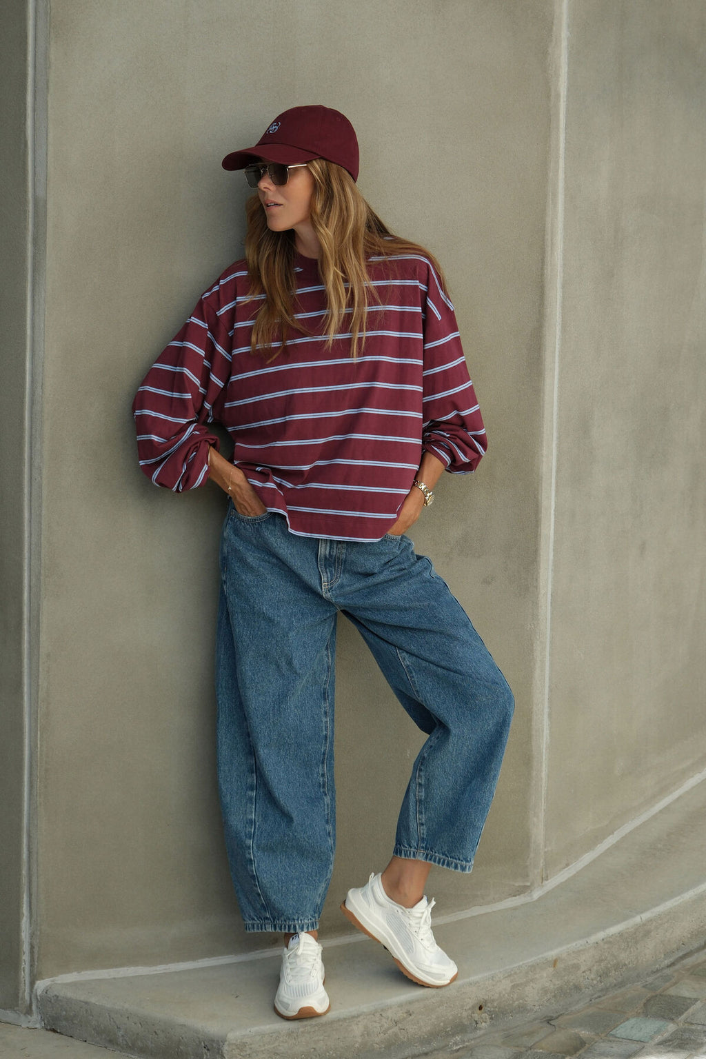 CERES LIFE BEAU LONG SLEEVE SLOUCHY TEE - BURGUNDY/SKY BLUE