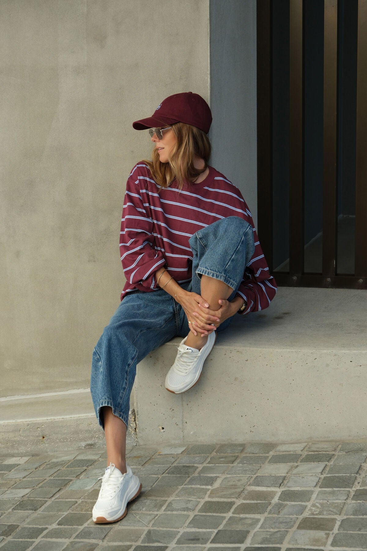 CERES LIFE BEAU LONG SLEEVE SLOUCHY TEE - BURGUNDY/SKY BLUE