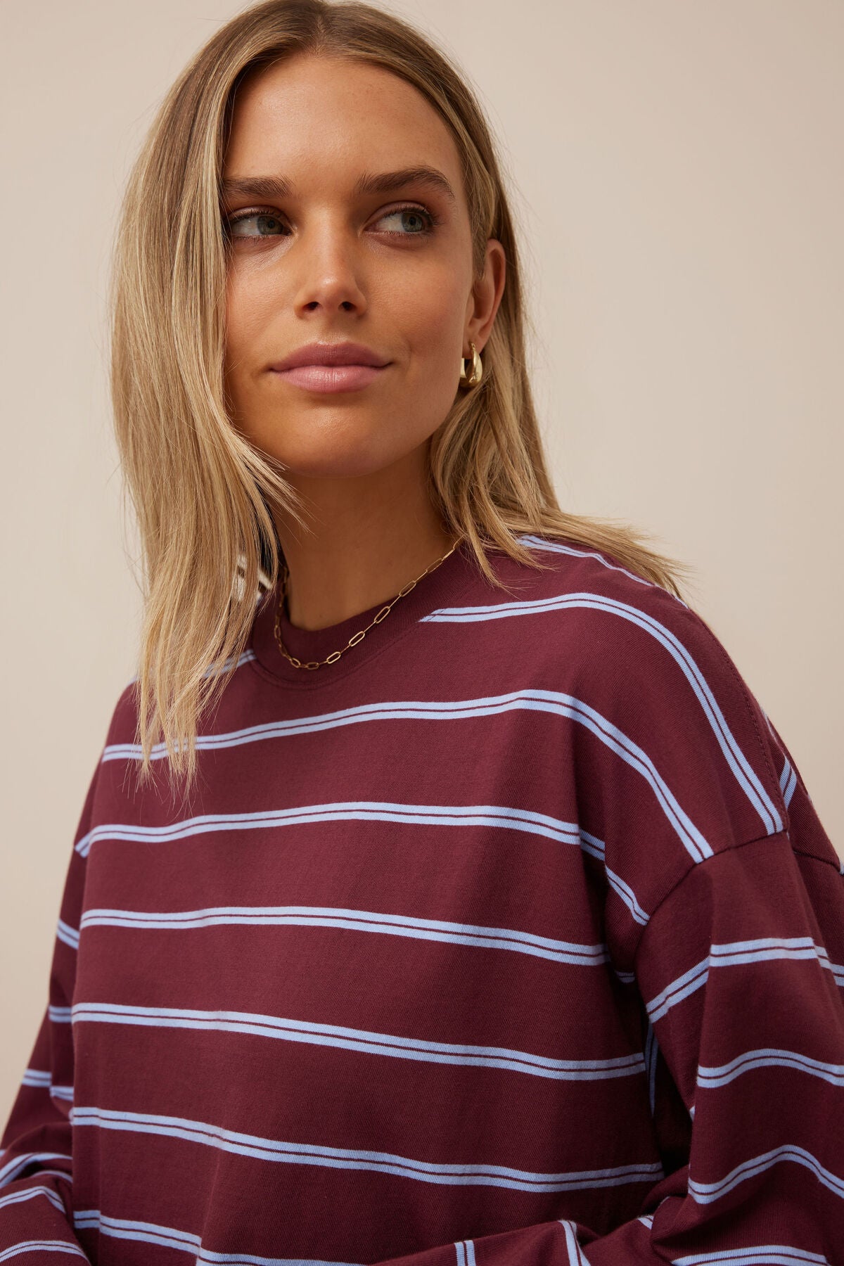 CERES LIFE BEAU LONG SLEEVE SLOUCHY TEE - BURGUNDY/SKY BLUE