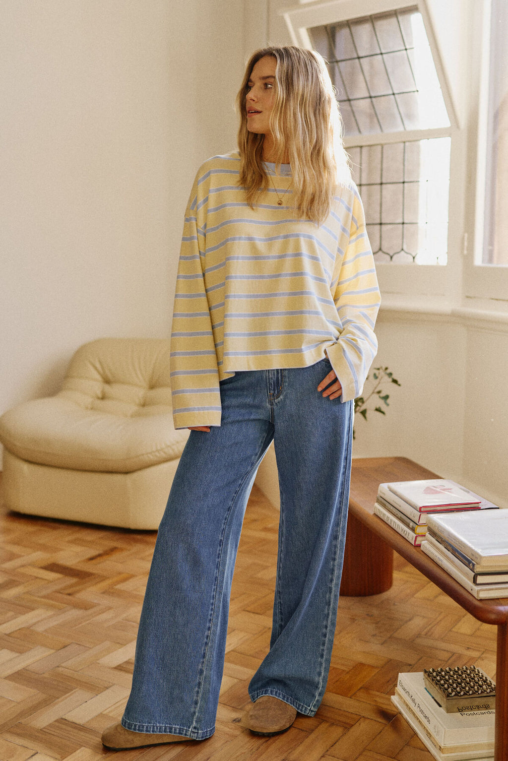 CERES LIFE BEAU LONG SLEEVE SLOUCHY TEE - BUTTER/CHINA BLUE STRIPE