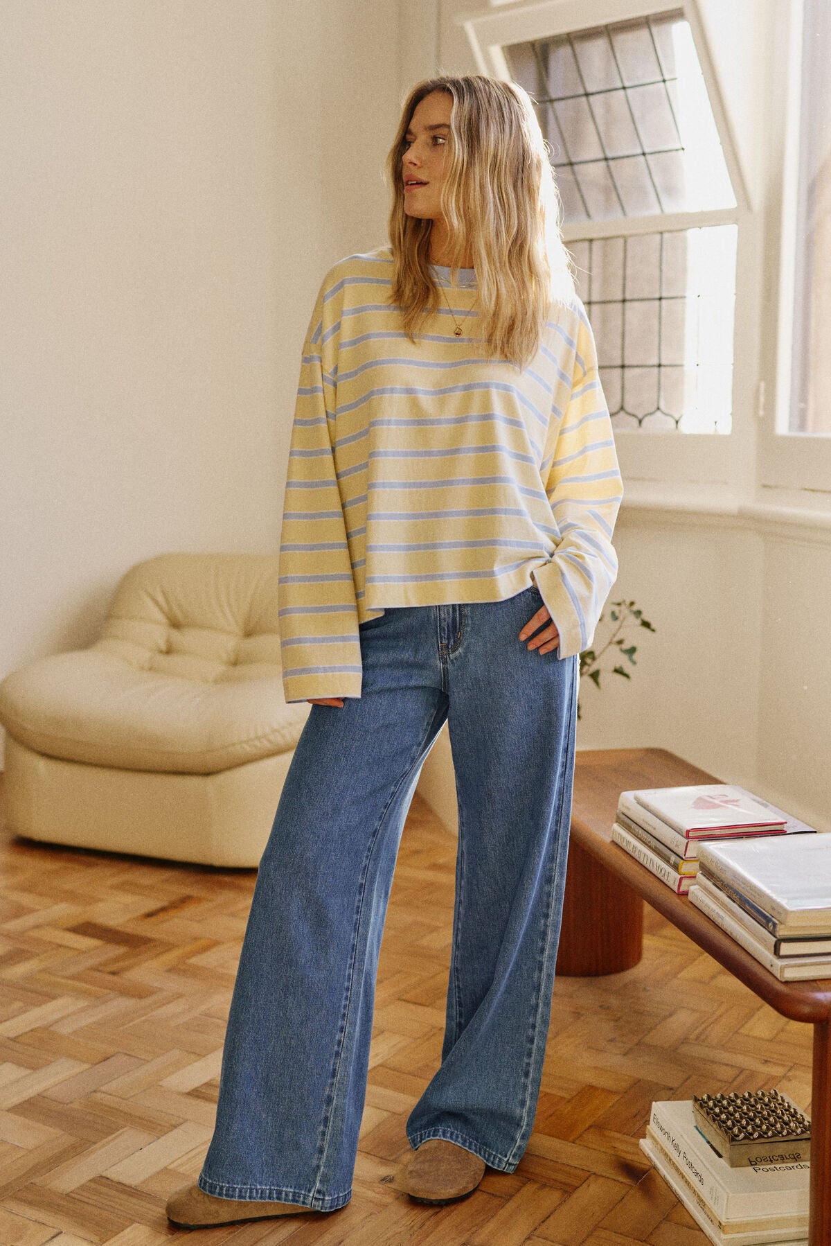 CERES LIFE BEAU LONG SLEEVE SLOUCHY TEE - BUTTER/CHINA BLUE STRIPE