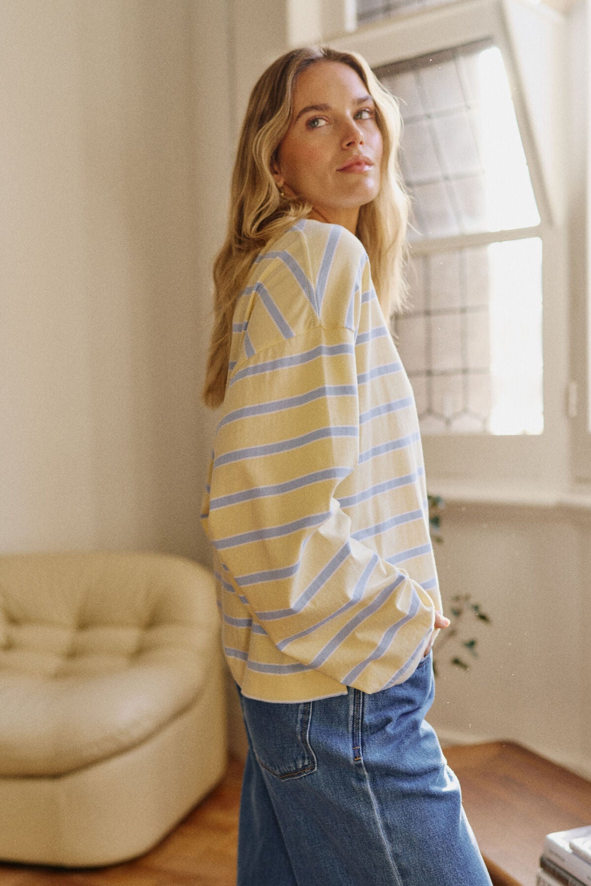 CERES LIFE BEAU LONG SLEEVE SLOUCHY TEE - BUTTER/CHINA BLUE STRIPE