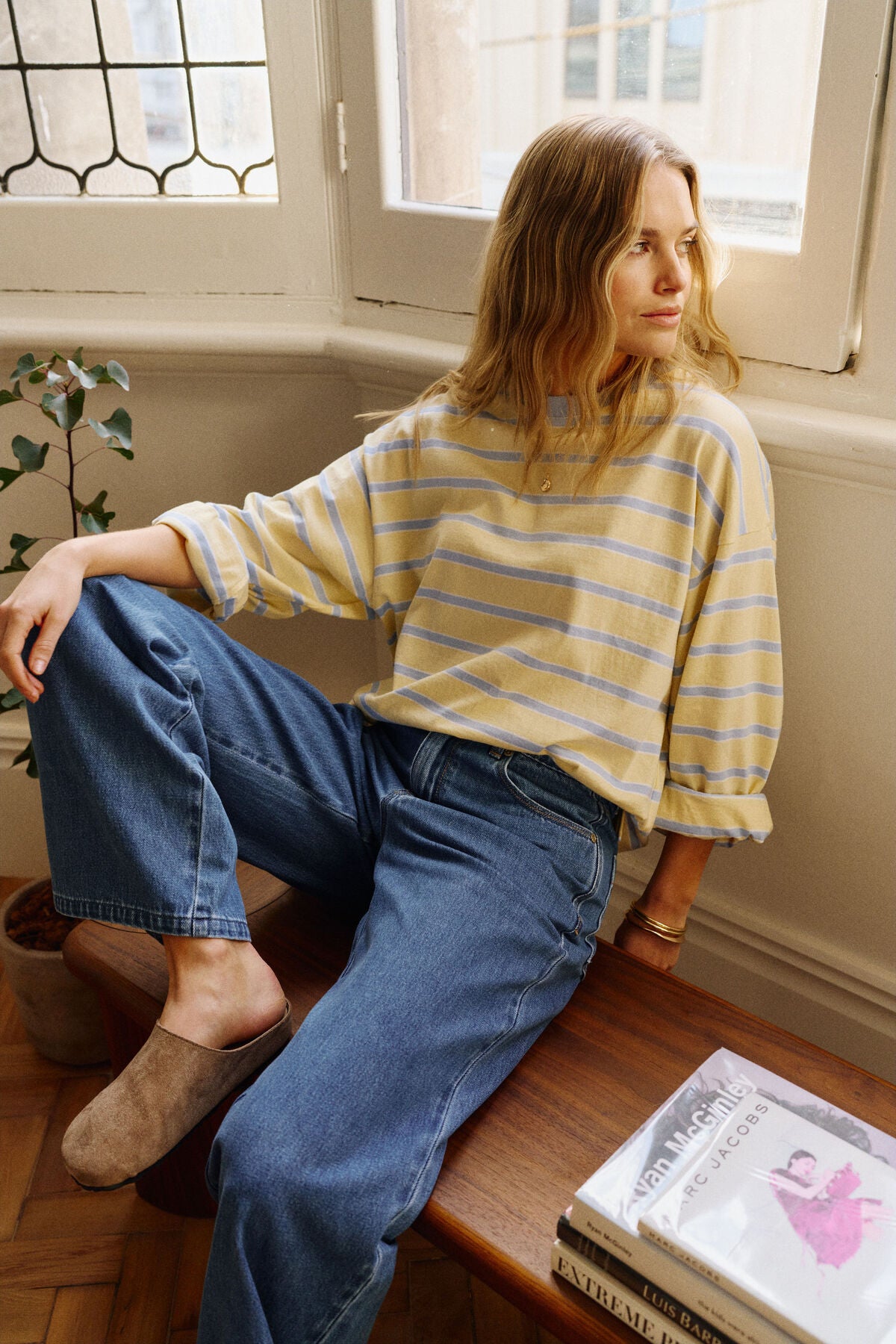 CERES LIFE BEAU LONG SLEEVE SLOUCHY TEE - BUTTER/CHINA BLUE STRIPE