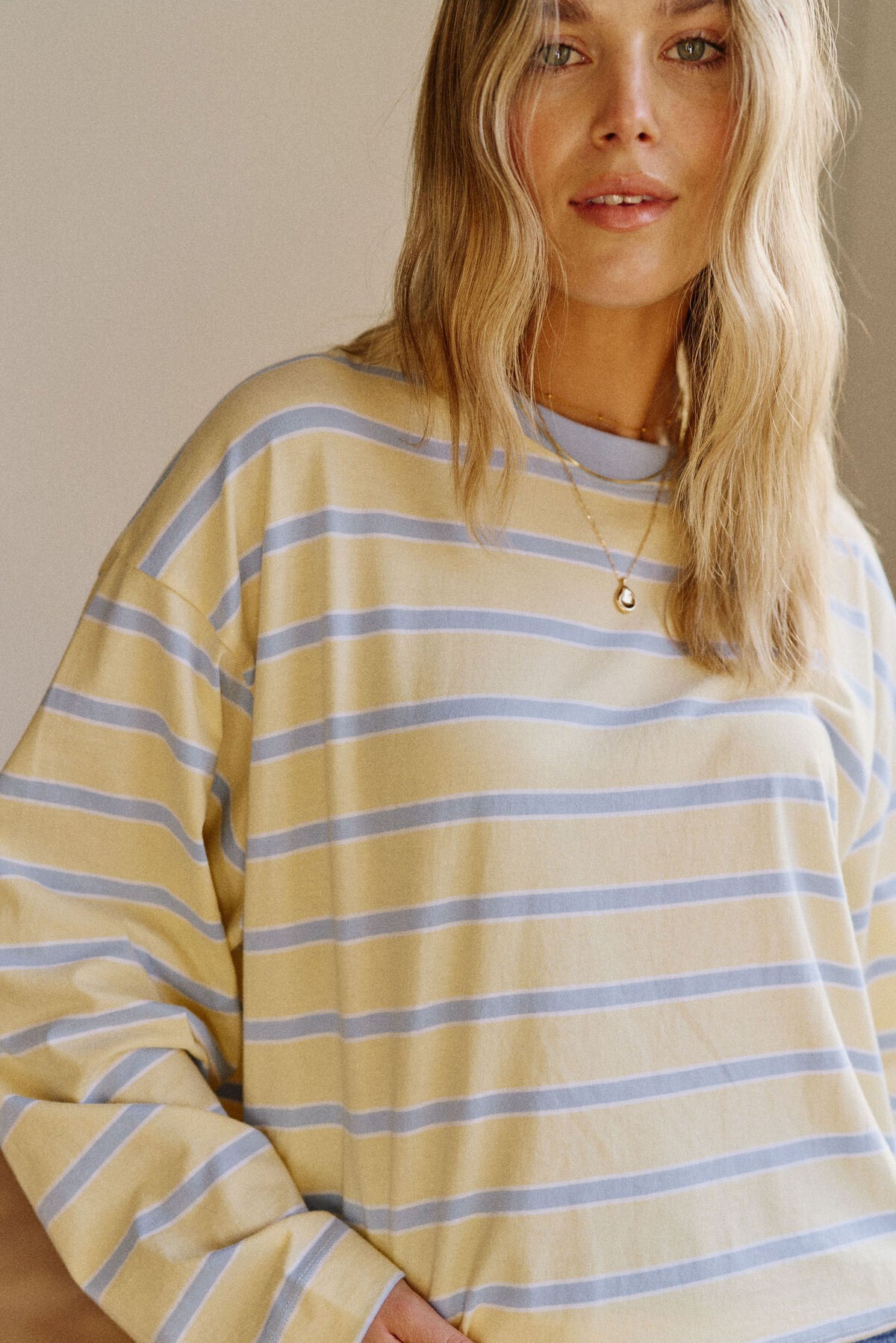 CERES LIFE BEAU LONG SLEEVE SLOUCHY TEE - BUTTER/CHINA BLUE STRIPE