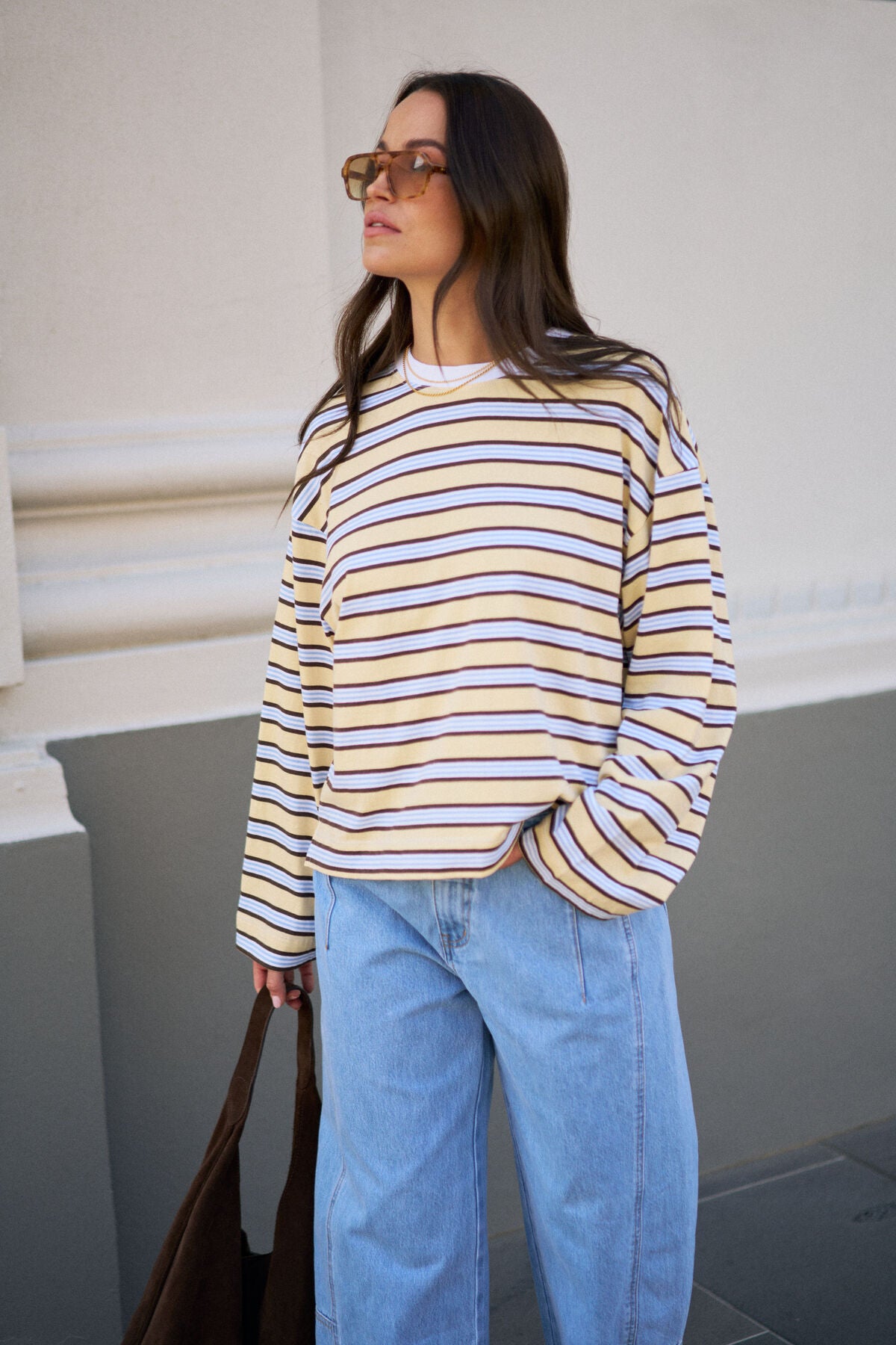 CERES LIFE BEAU LONG SLEEVE SLOUCHY TEE - BUTTER/BRUNETTE STRIPE