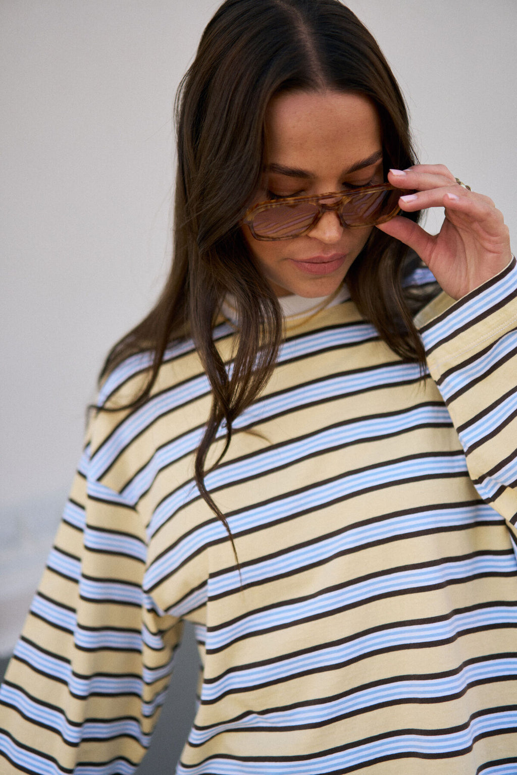 CERES LIFE BEAU LONG SLEEVE SLOUCHY TEE - BUTTER/BRUNETTE STRIPE