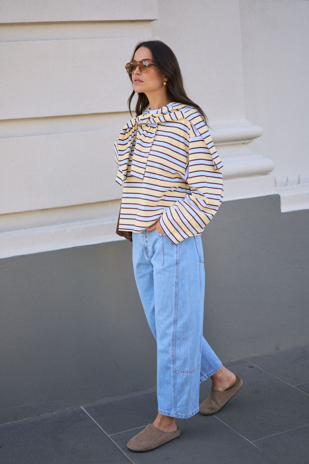 CERES LIFE BEAU LONG SLEEVE SLOUCHY TEE - BUTTER/BRUNETTE STRIPE