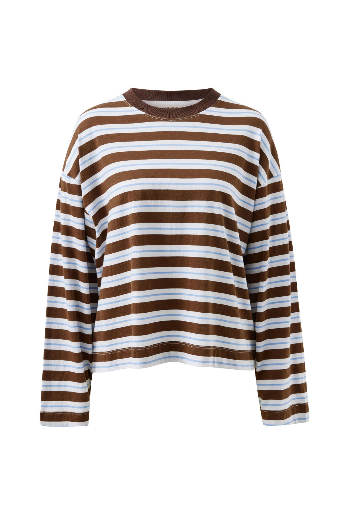 CERES LIFE BEAU LONG SLEEVE SLOUCHY TEE - COCOA/SKY BLUE STRIPE