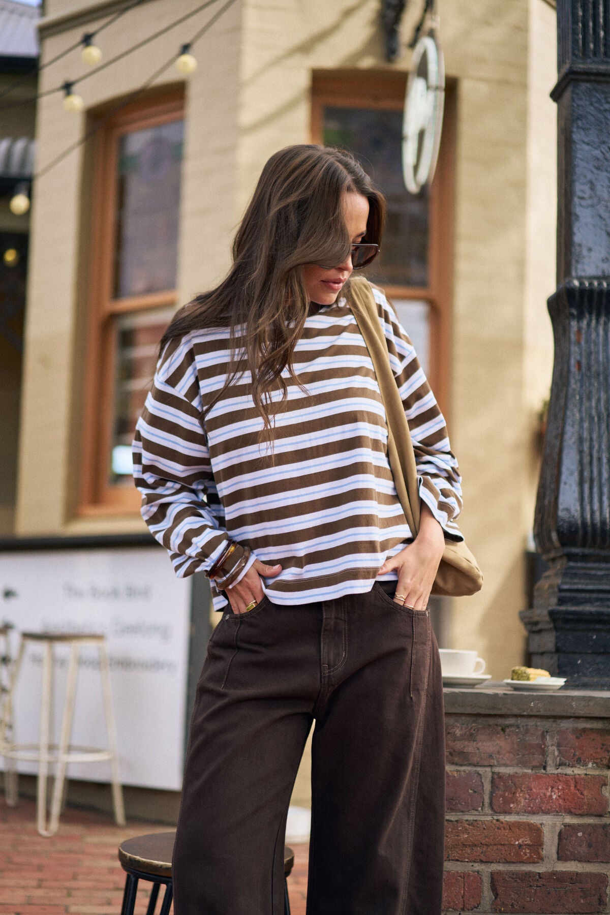 CERES LIFE BEAU LONG SLEEVE SLOUCHY TEE - COCOA/SKY BLUE STRIPE