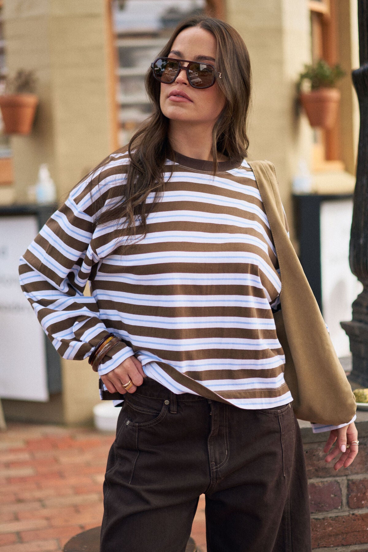 CERES LIFE BEAU LONG SLEEVE SLOUCHY TEE - COCOA/SKY BLUE STRIPE
