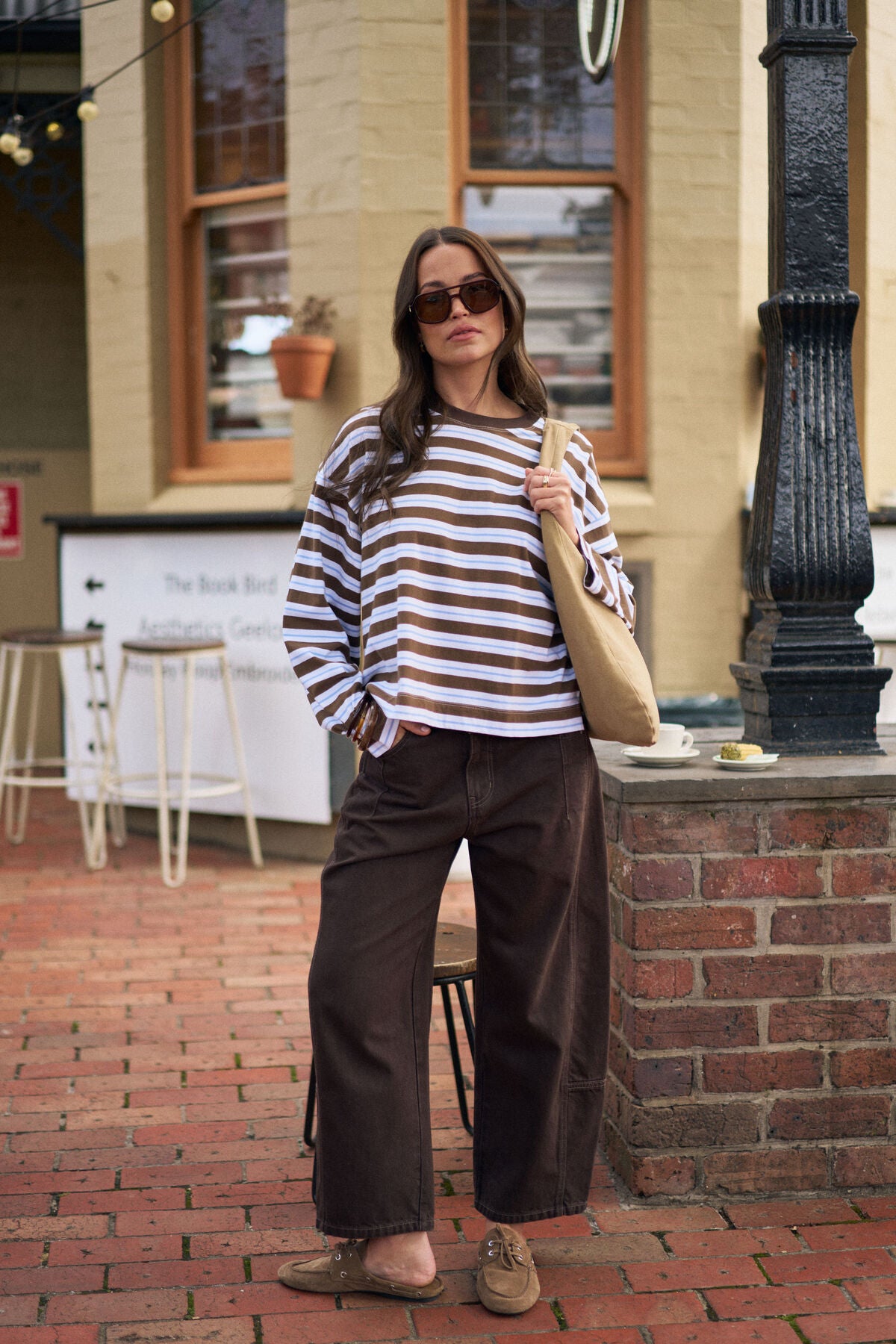 CERES LIFE BEAU LONG SLEEVE SLOUCHY TEE - COCOA/SKY BLUE STRIPE