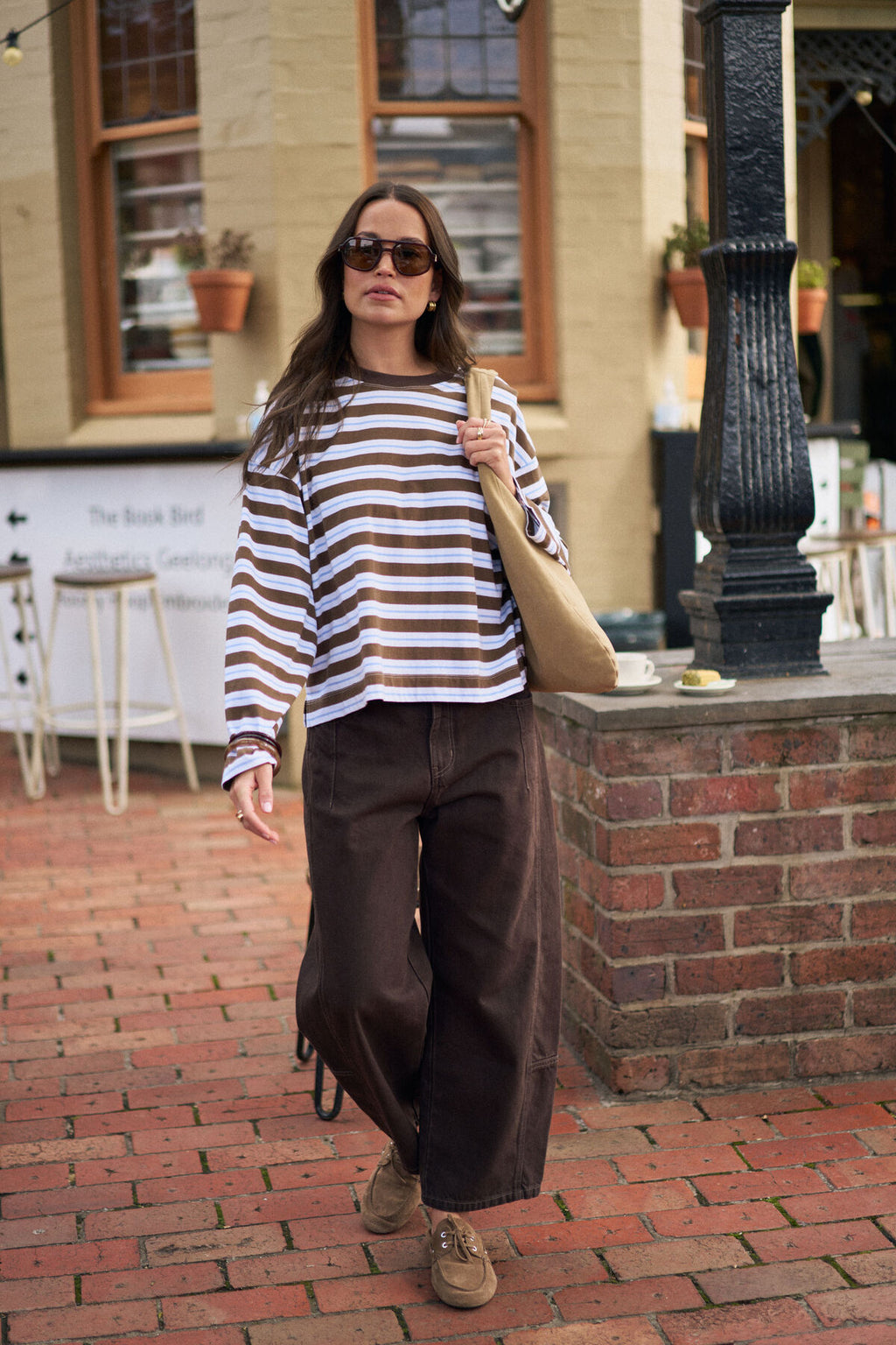 CERES LIFE BEAU LONG SLEEVE SLOUCHY TEE - COCOA/SKY BLUE STRIPE