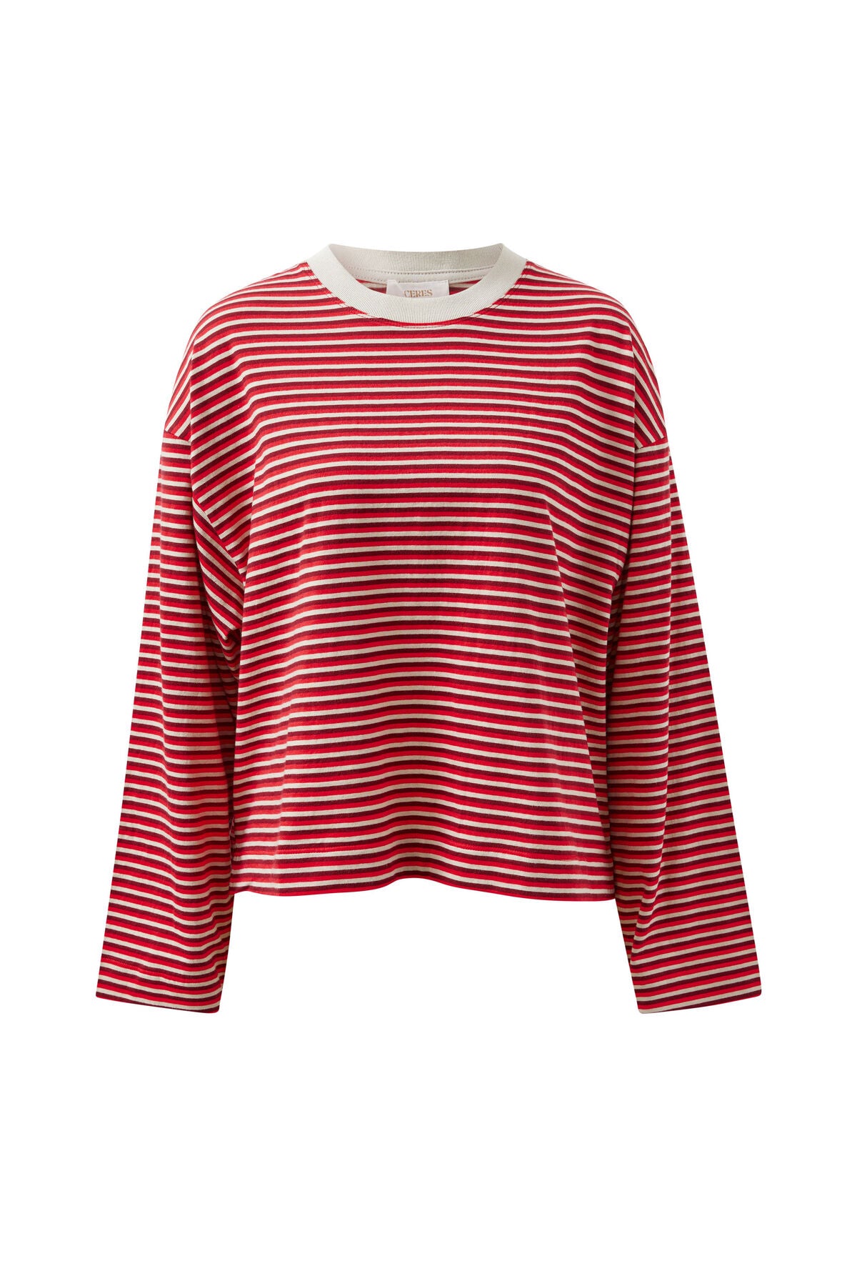 CERES LIFE BEAU LONG SLEEVE SLOUCHY TEE - MULBERRY/RED/STONE STRIPE