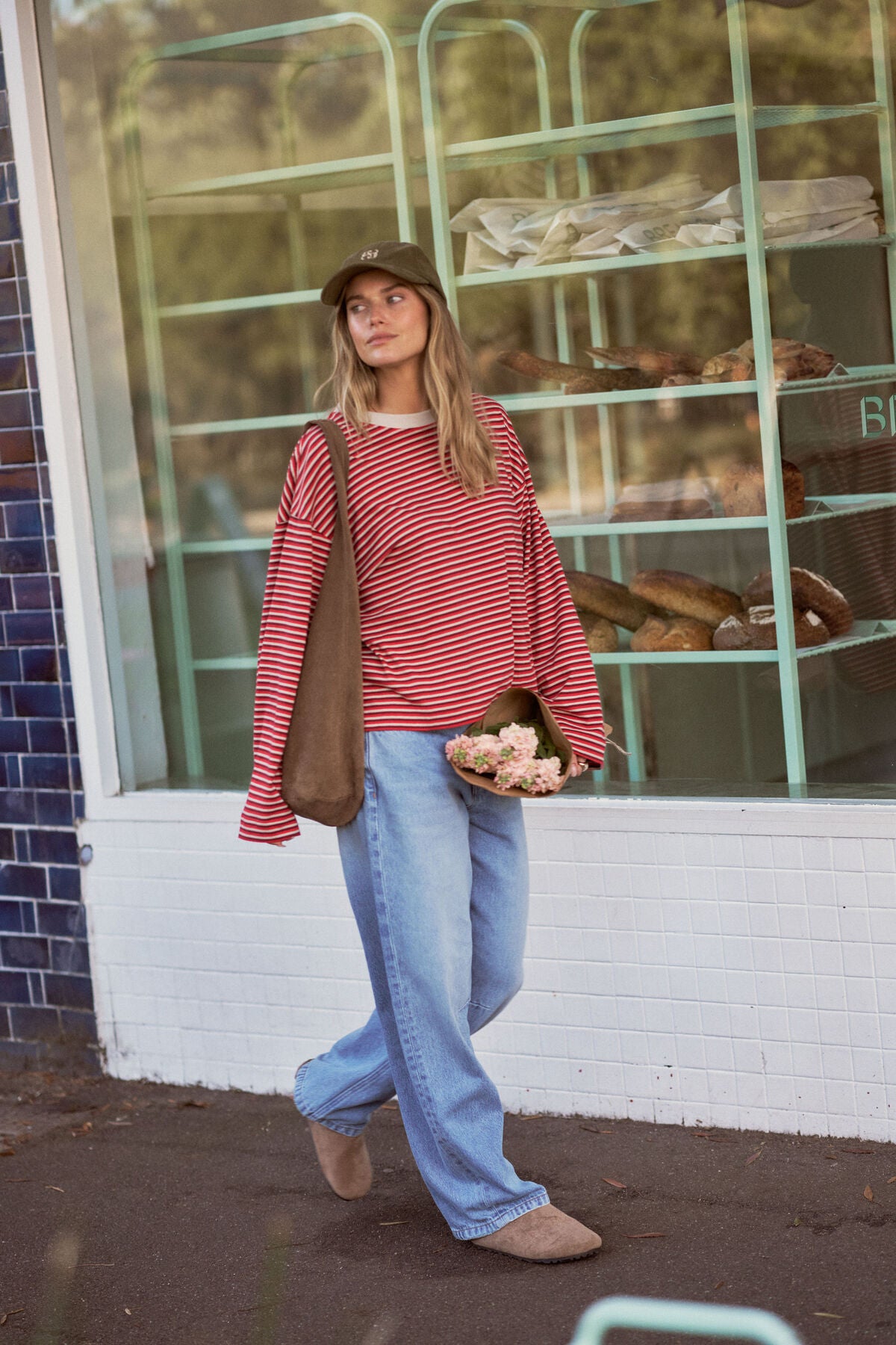 CERES LIFE BEAU LONG SLEEVE SLOUCHY TEE - MULBERRY/RED/STONE STRIPE