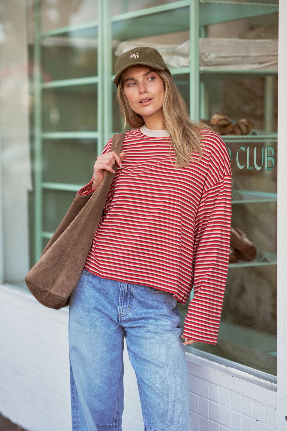 CERES LIFE BEAU LONG SLEEVE SLOUCHY TEE - MULBERRY/RED/STONE STRIPE