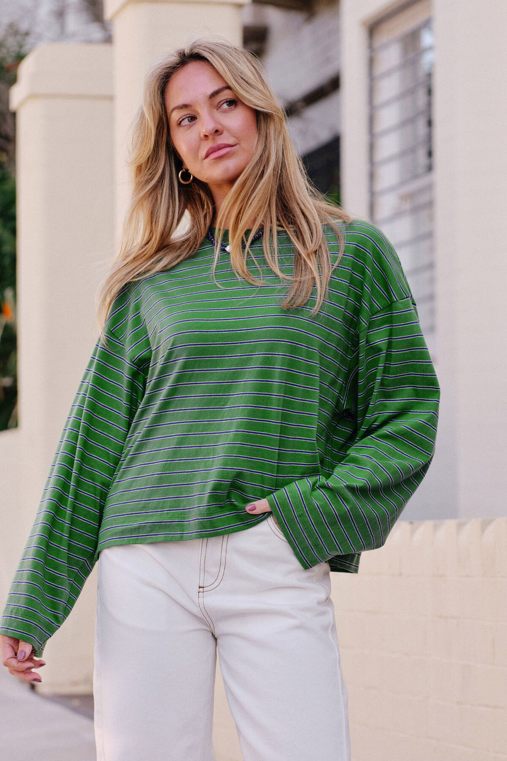 CERES LIFE BEAU LONG SLEEVE SLOUCHY TEE - BASIL/PRUSSIAN BLUE STRIPE