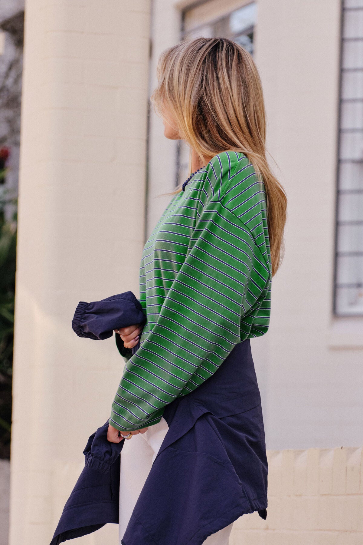 CERES LIFE BEAU LONG SLEEVE SLOUCHY TEE - BASIL/PRUSSIAN BLUE STRIPE