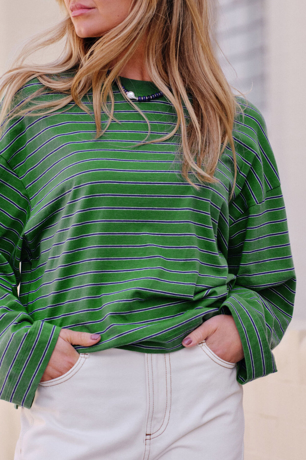 CERES LIFE BEAU LONG SLEEVE SLOUCHY TEE - BASIL/PRUSSIAN BLUE STRIPE