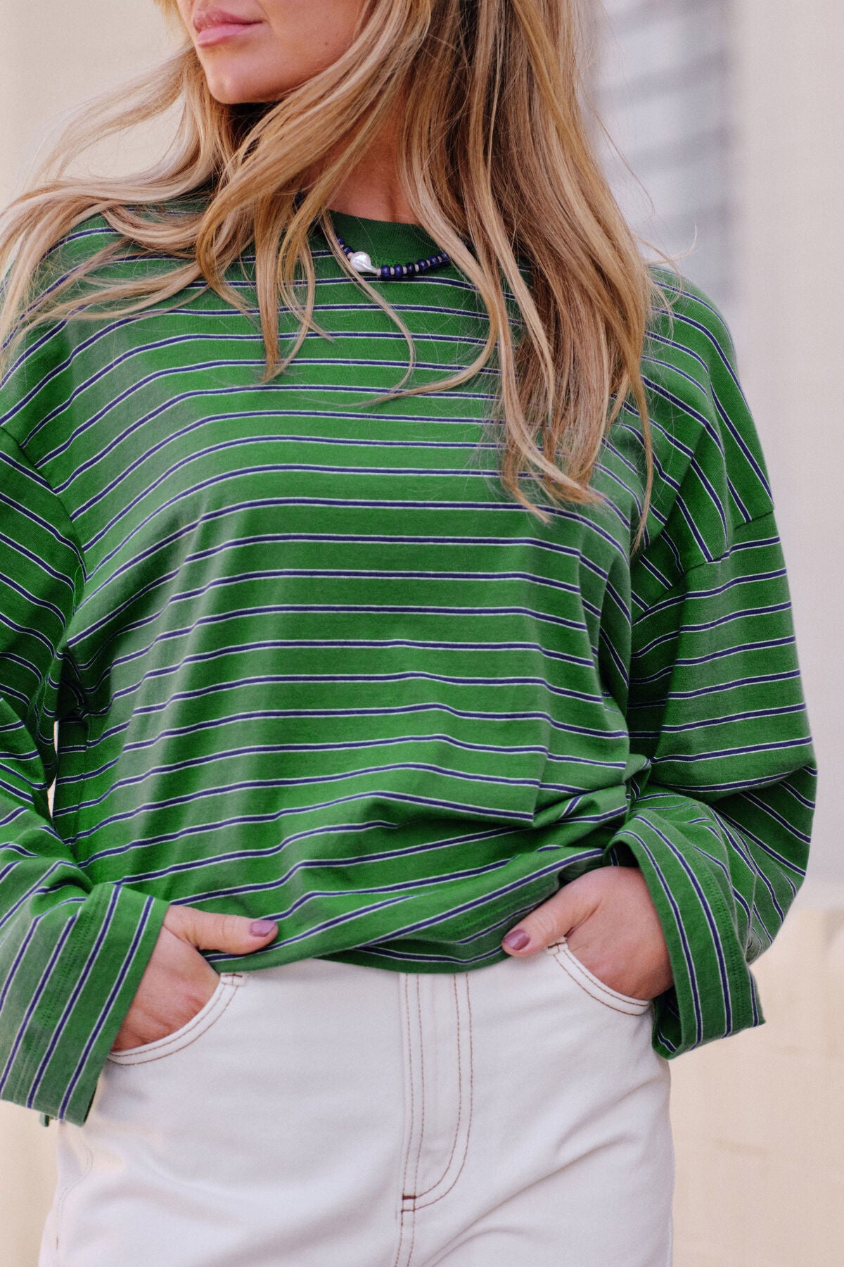 CERES LIFE BEAU LONG SLEEVE SLOUCHY TEE - BASIL/PRUSSIAN BLUE STRIPE