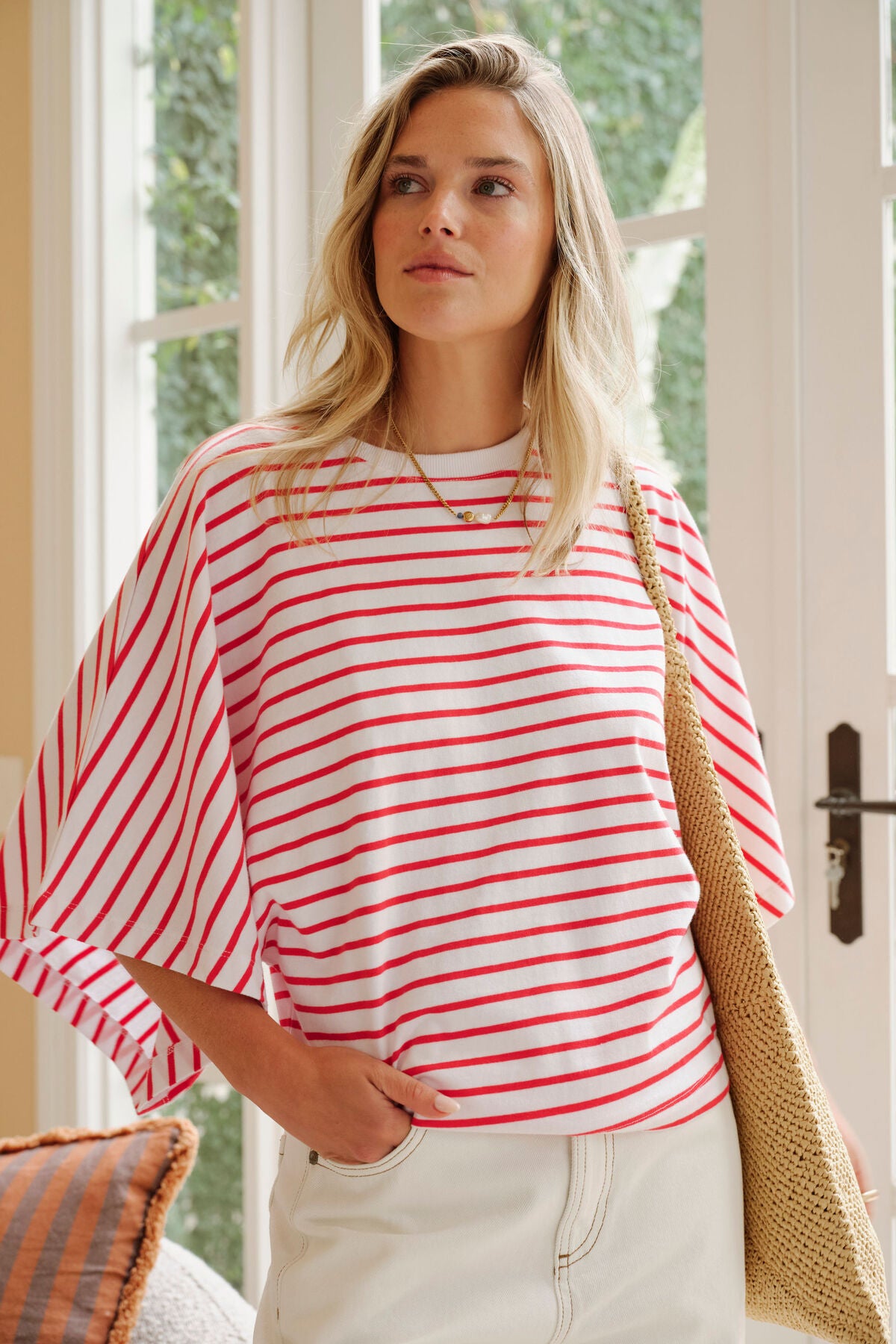 CERES LIFE LUCY RELAXED SLEEVE TEE - WHITE/HERITAGE RED STRIPE