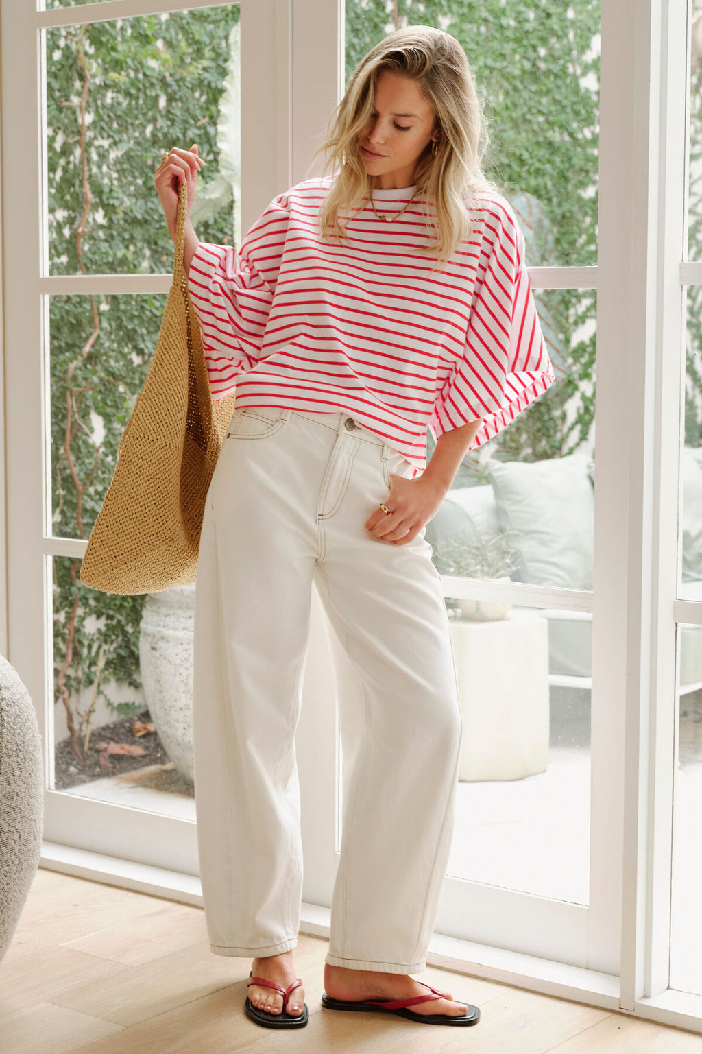 CERES LIFE LUCY RELAXED SLEEVE TEE - WHITE/HERITAGE RED STRIPE