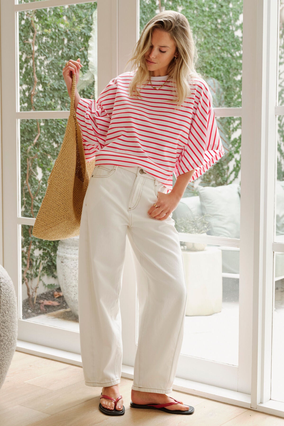 CERES LIFE LUCY RELAXED SLEEVE TEE - WHITE/HERITAGE RED STRIPE