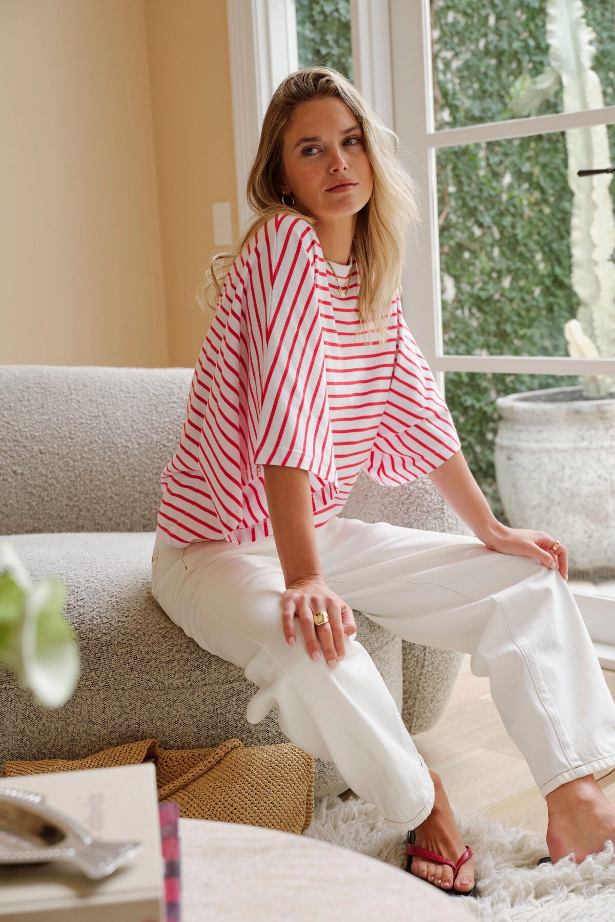 CERES LIFE LUCY RELAXED SLEEVE TEE - WHITE/HERITAGE RED STRIPE