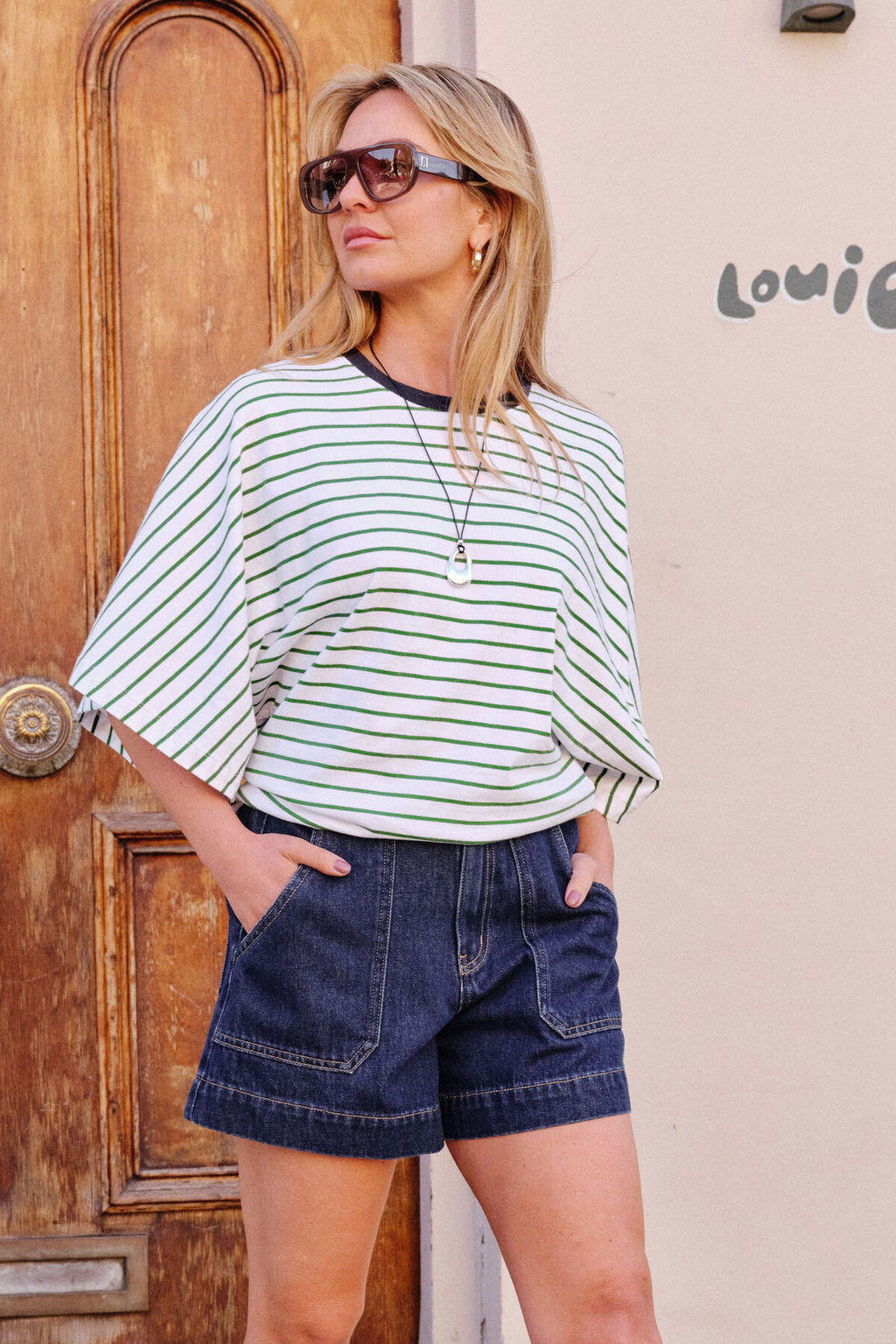 CERES LIFE LUCY RELAXED SLEEVE TEE - BASIL/WHITE STRIPE