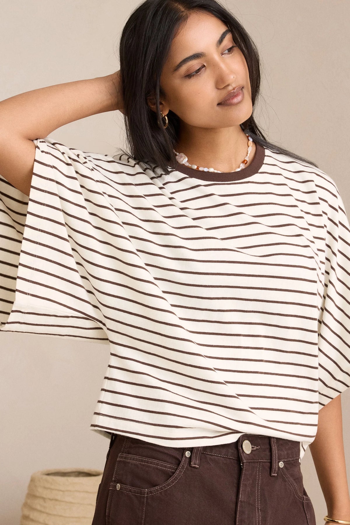 CERES LIFE LUCY RELAXED SLEEVE TEE - MILK/BRUNETTE STRIPE