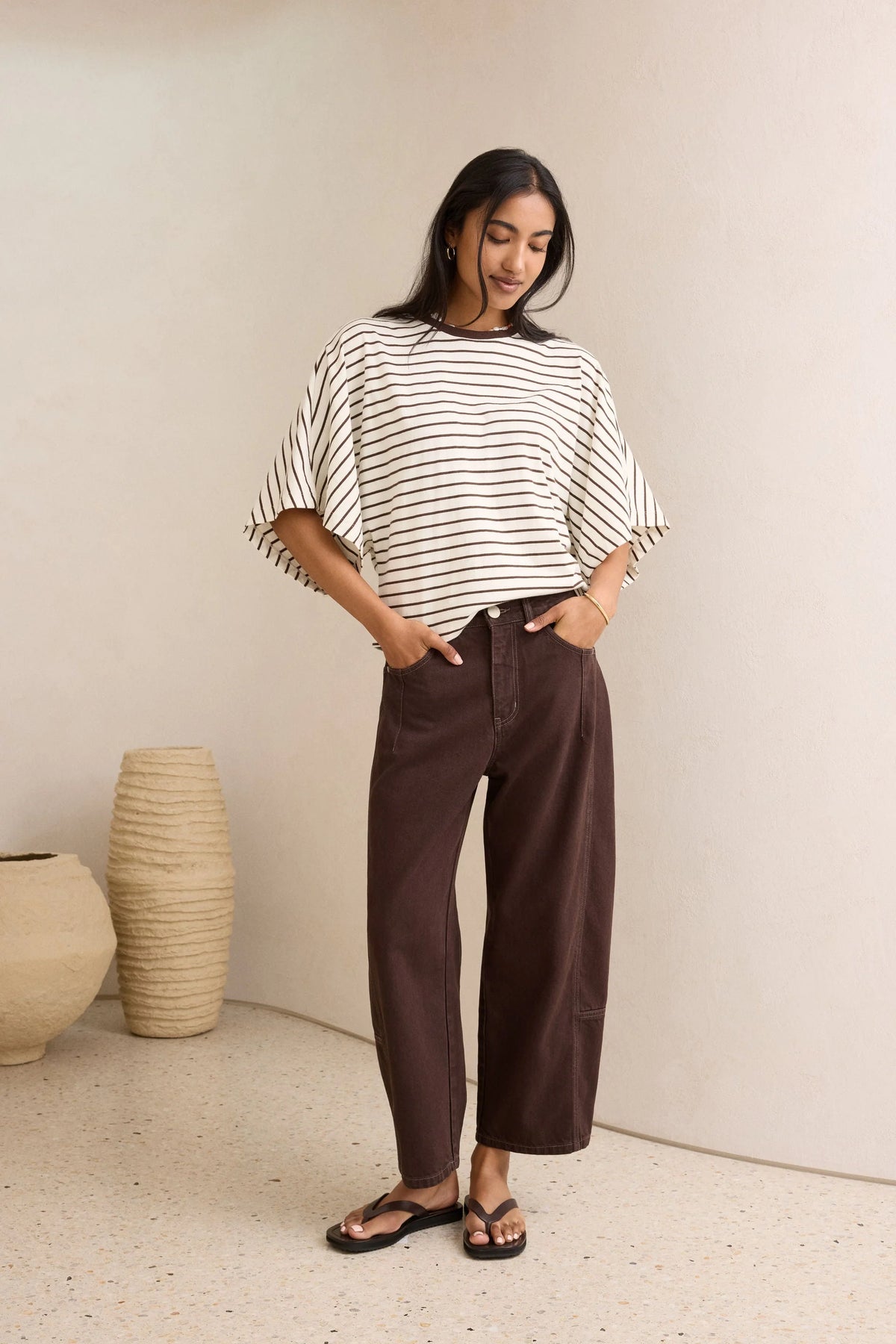 CERES LIFE LUCY RELAXED SLEEVE TEE - MILK/BRUNETTE STRIPE