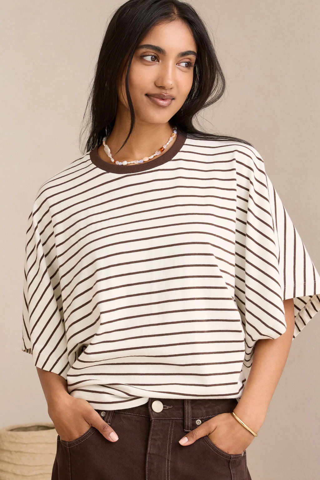 CERES LIFE LUCY RELAXED SLEEVE TEE - MILK/BRUNETTE STRIPE