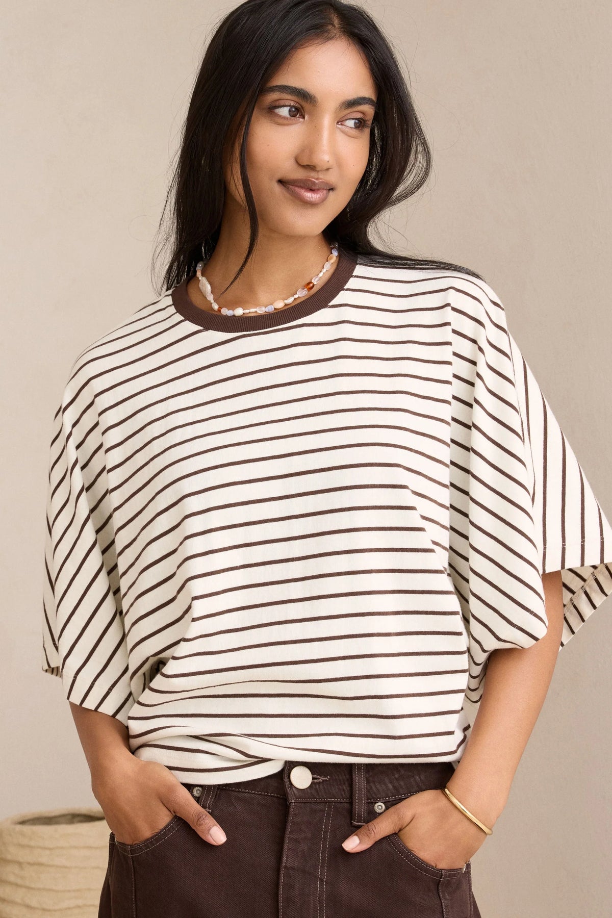 CERES LIFE LUCY RELAXED SLEEVE TEE - MILK/BRUNETTE STRIPE