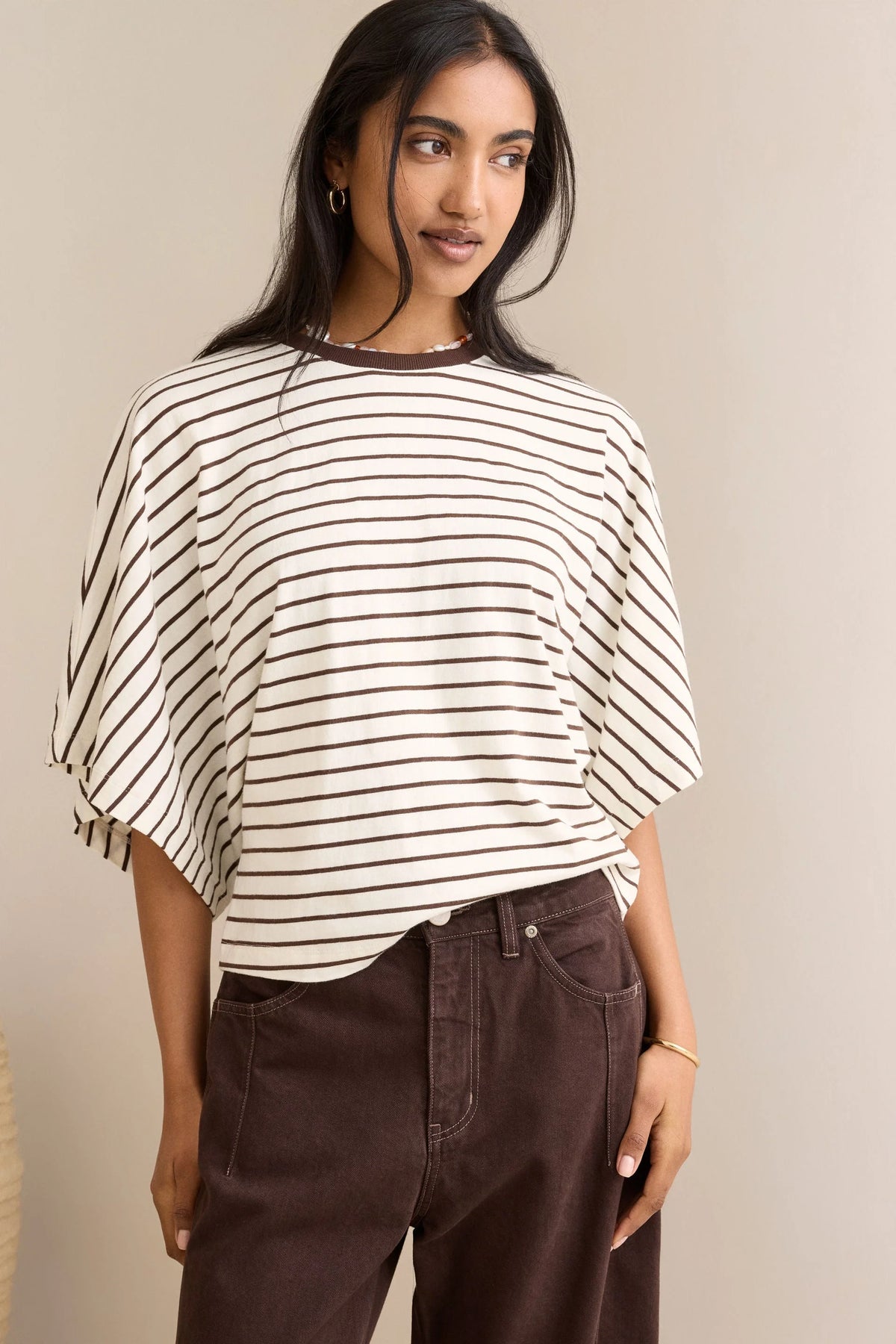 CERES LIFE LUCY RELAXED SLEEVE TEE - MILK/BRUNETTE STRIPE