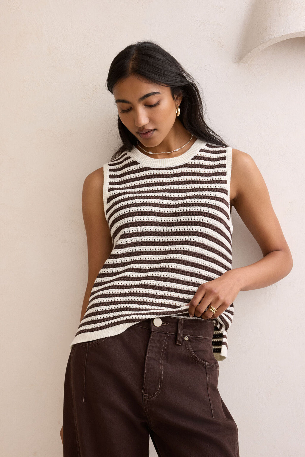 CERES LIFE MADDY MESH TANK - BRUNETTE STRIPE