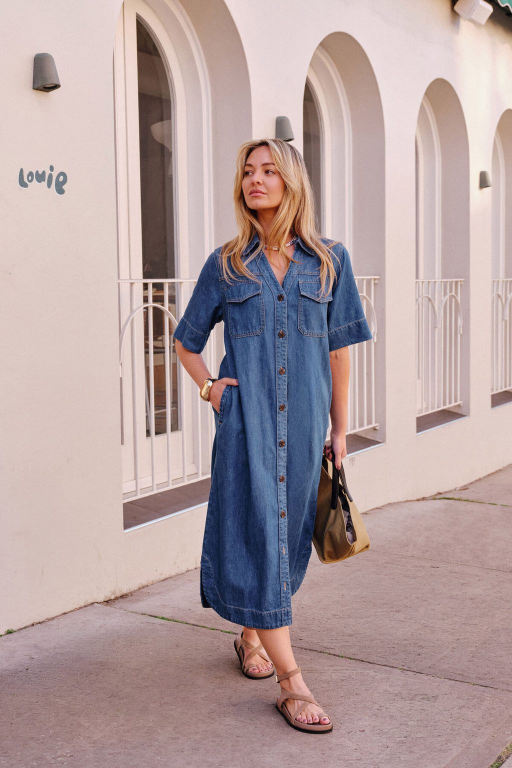 SLOANE SHORT SLEEVE MIDI DRESS - TRUE INDIGO