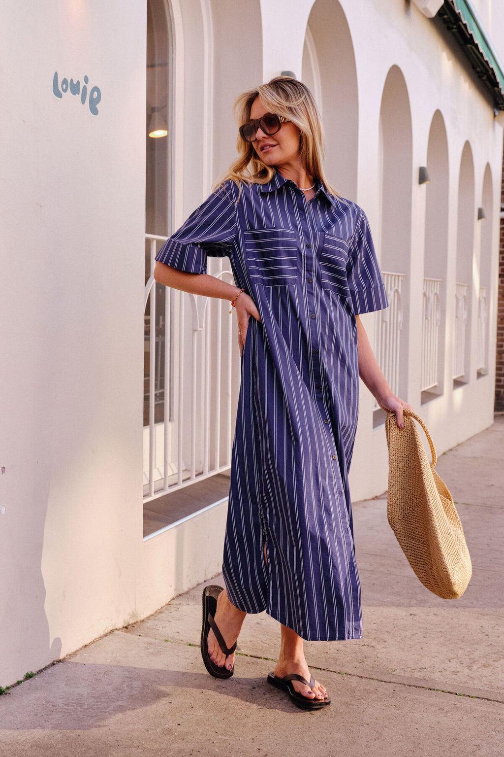 CERES LIFE SAMARA MIDI SHIRT DRESS - PRUSSIAN BLUE STRIPE