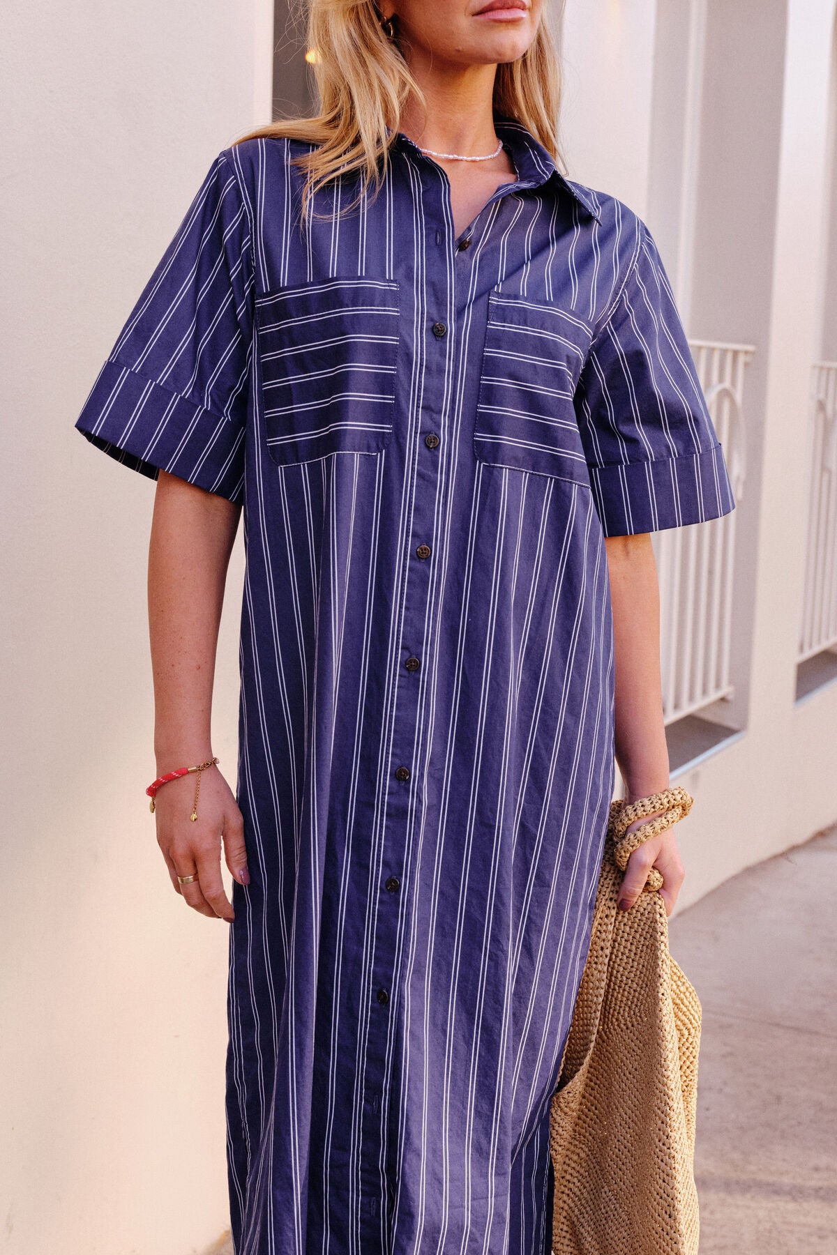 CERES LIFE SAMARA MIDI SHIRT DRESS - PRUSSIAN BLUE STRIPE