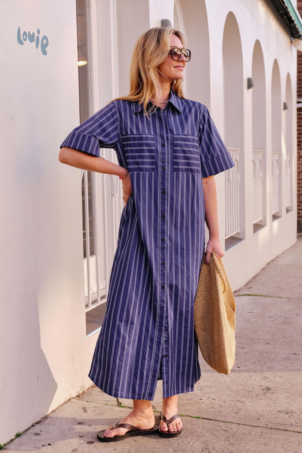CERES LIFE SAMARA MIDI SHIRT DRESS - PRUSSIAN BLUE STRIPE