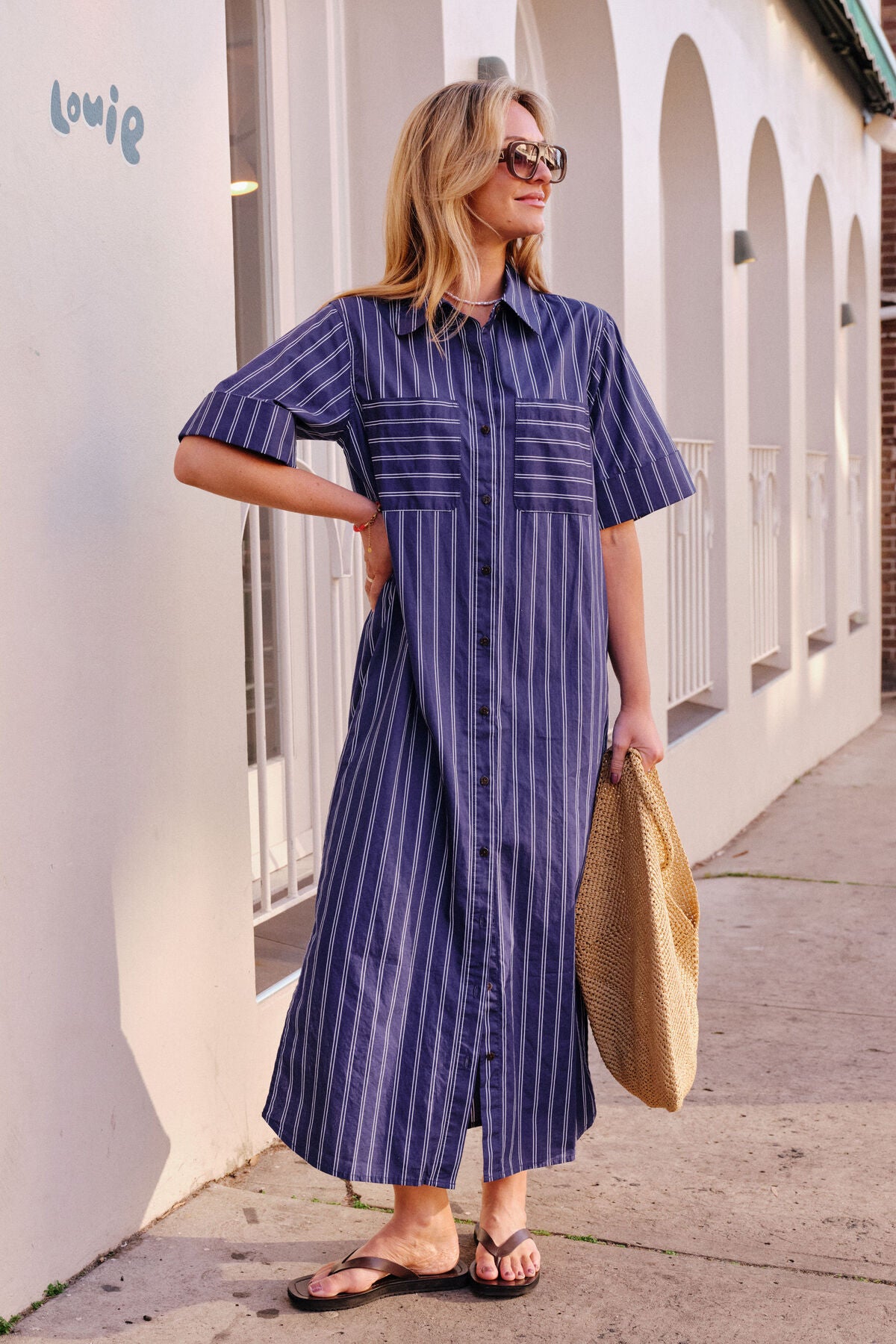 CERES LIFE SAMARA MIDI SHIRT DRESS - PRUSSIAN BLUE STRIPE
