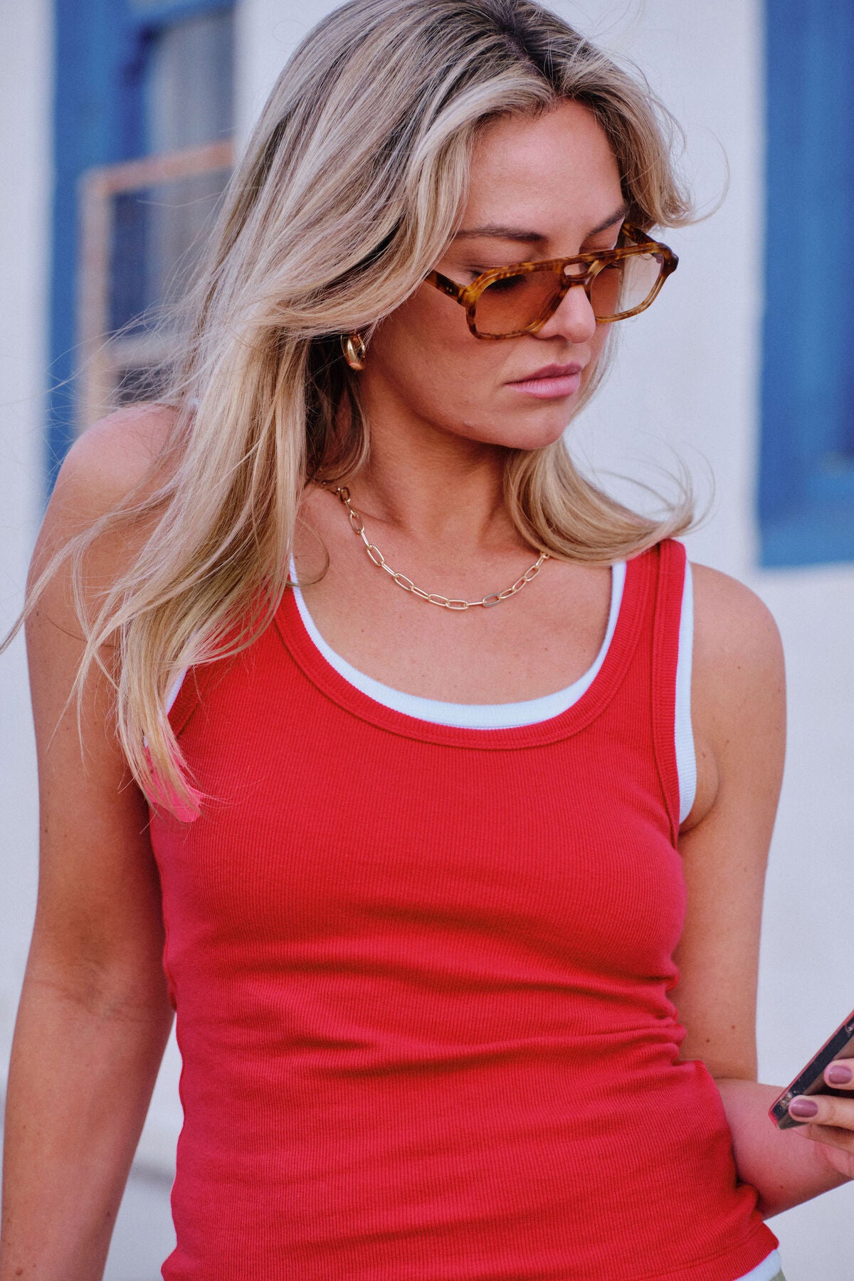 CERES LIFE SKYLAR LAYERED RIB TANK - RED/WHITE