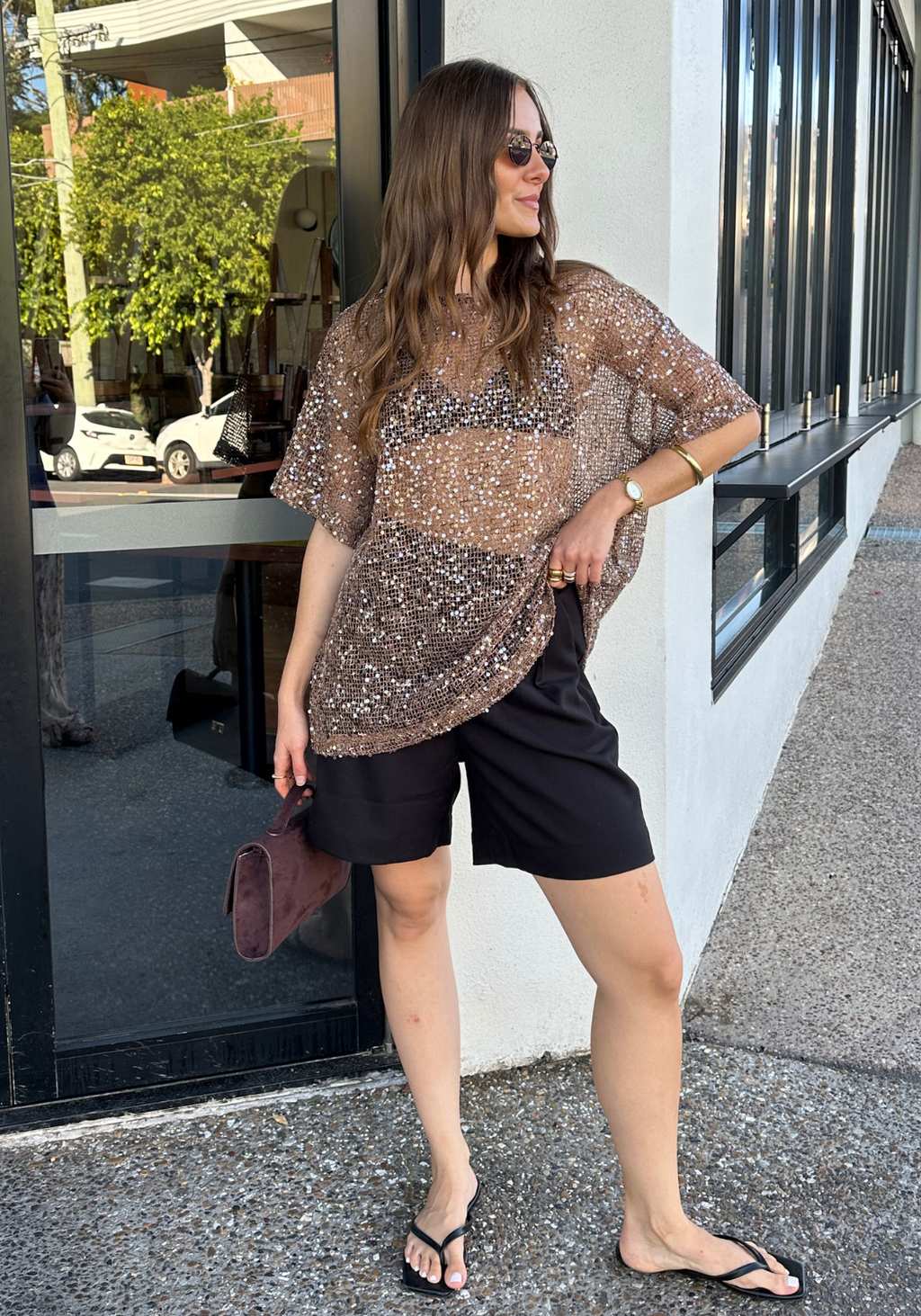 ELSIE SEQUIN TEE - MOCHA