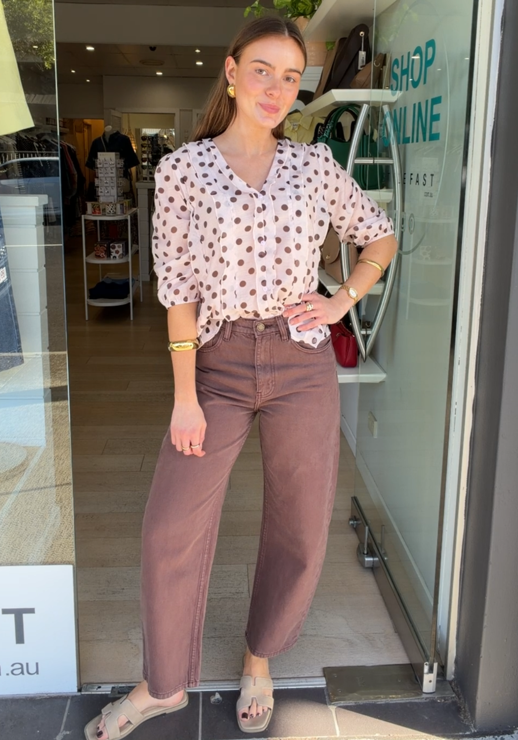PHOEBE BLOUSE - PINK/ CHOCOLATE SPOT